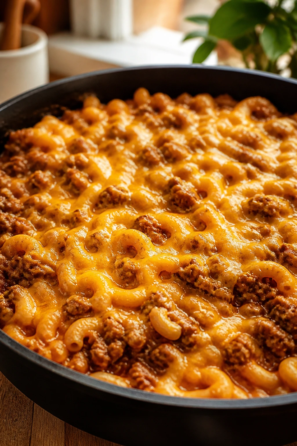Close-up of cheeseburger pasta in a skillet with melted cheddar in a cozy kitchen