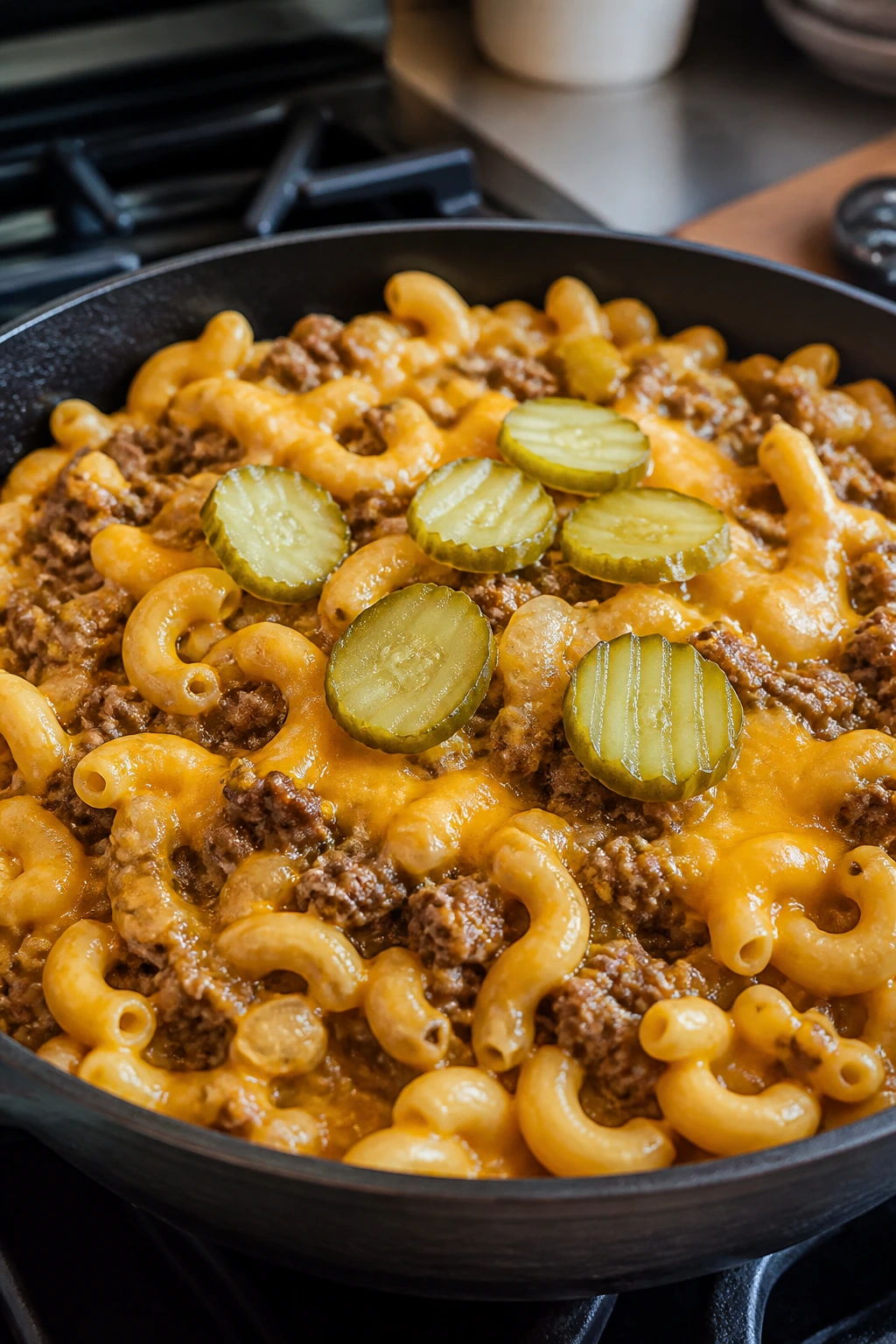 Close-up of a cheeseburger pasta skillet with beef, cheese sauce, and pickle garnish on top