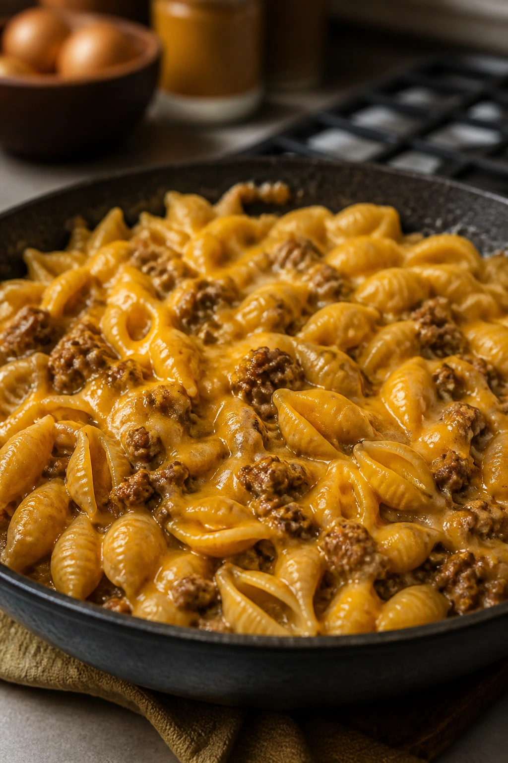 Close-up of bubbling cheeseburger pasta in a skillet on a warm kitchen stove