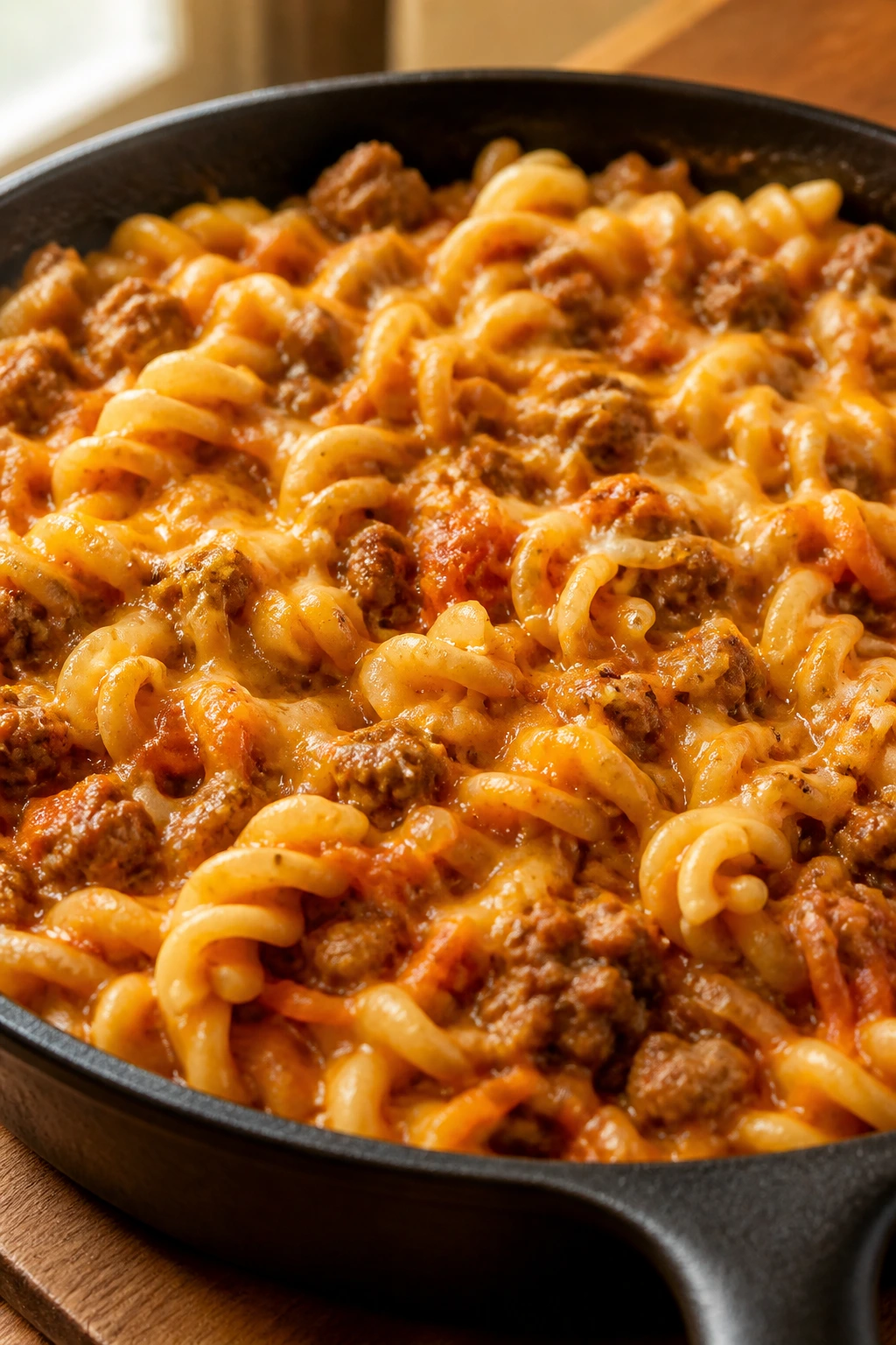 Close-up of cheeseburger pasta with hidden veggies