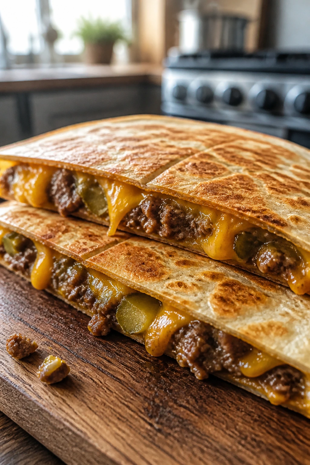 Close-up of cheeseburger quesadillas with melted cheddar and pickles on a wooden board