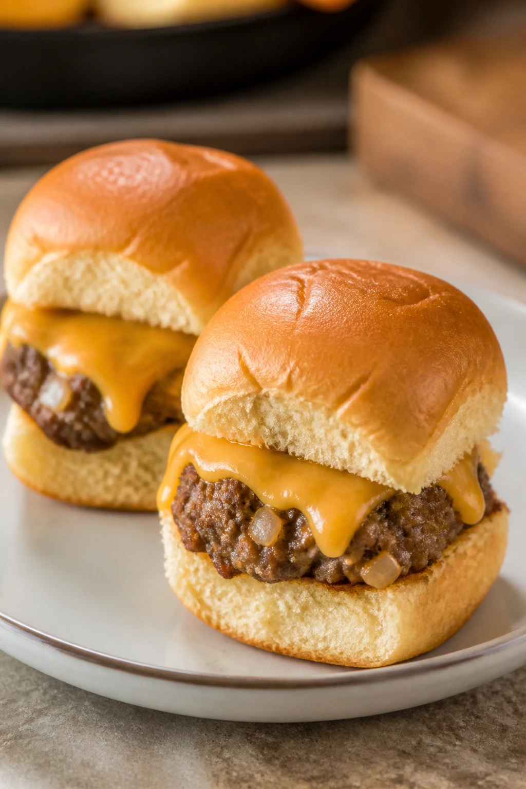 Two cheeseburger sliders on plate with melted cheese