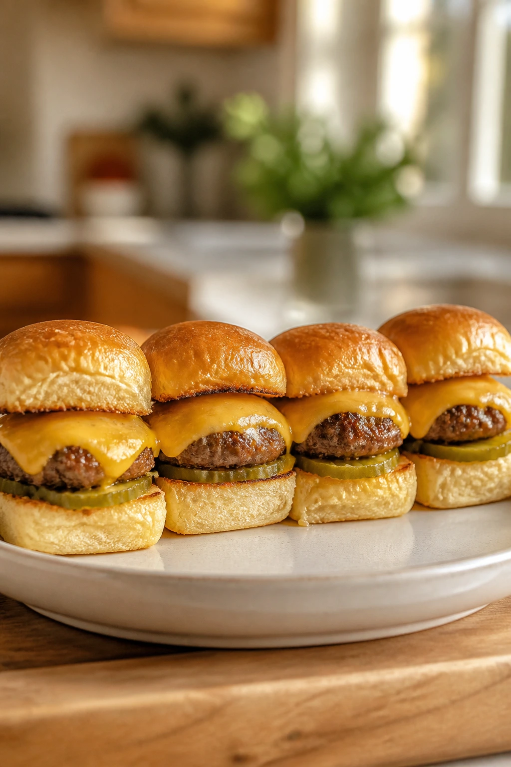 Row of cheeseburger sliders on a plate