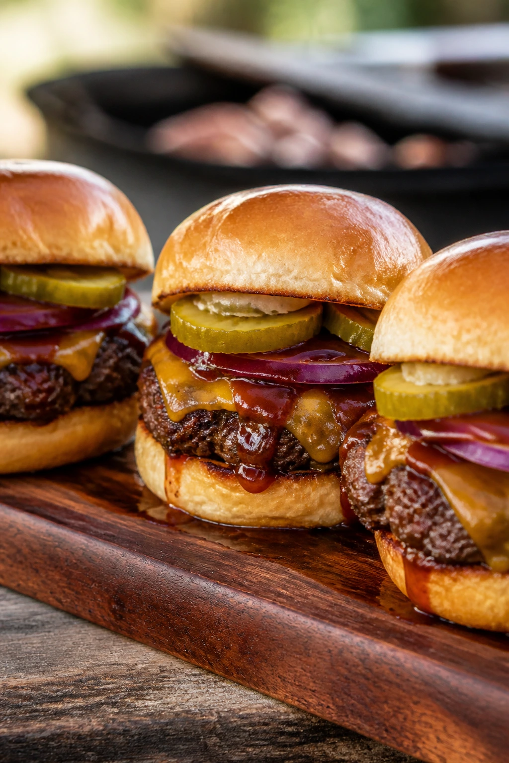 Beef cheeseburger sliders with cheddar, pickles, and onion on buns outdoors