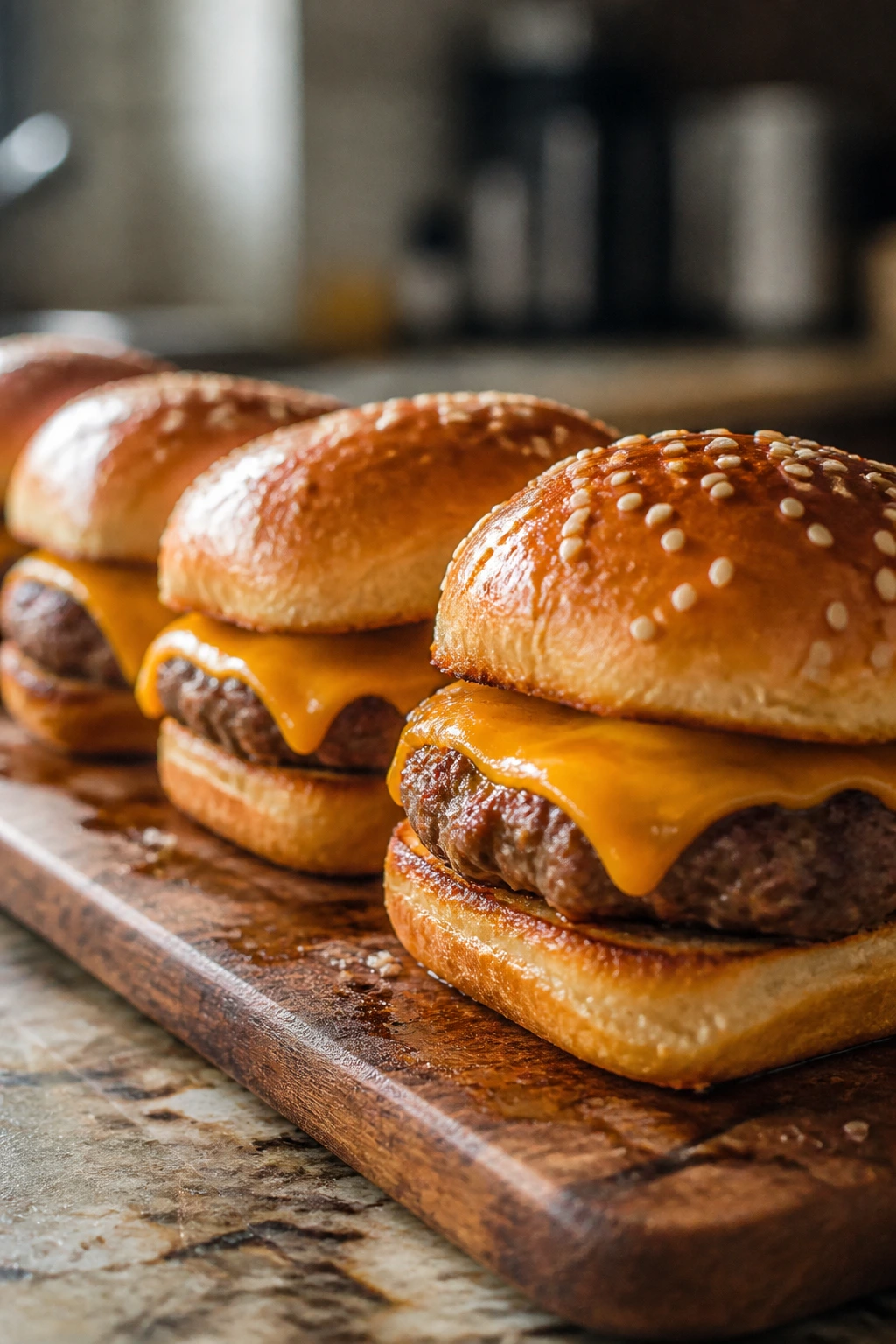 Close-up of cheeseburger sliders with melted cheese on a wooden board