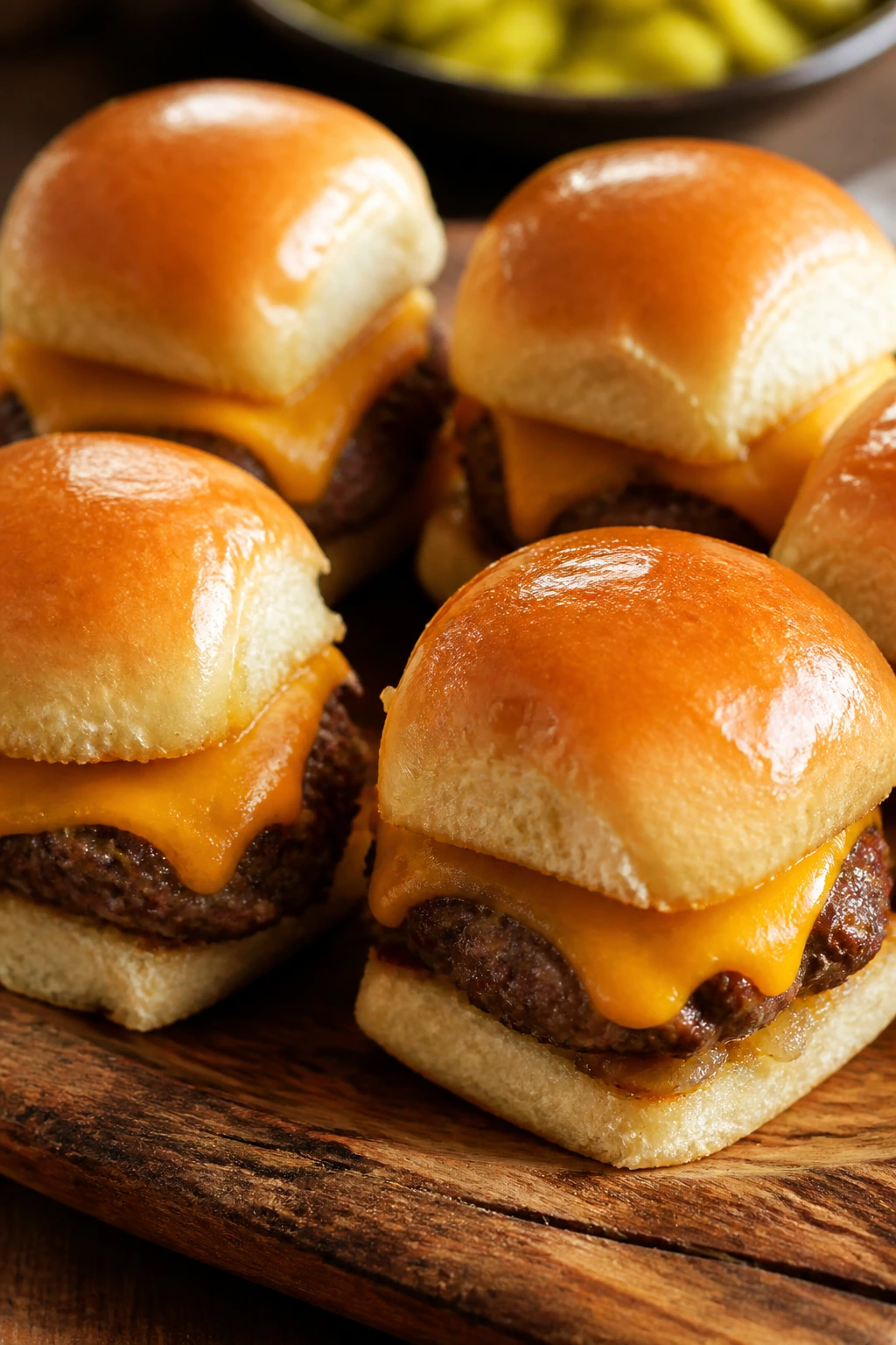 Tray of cheeseburger sliders with melted cheese on a wooden board