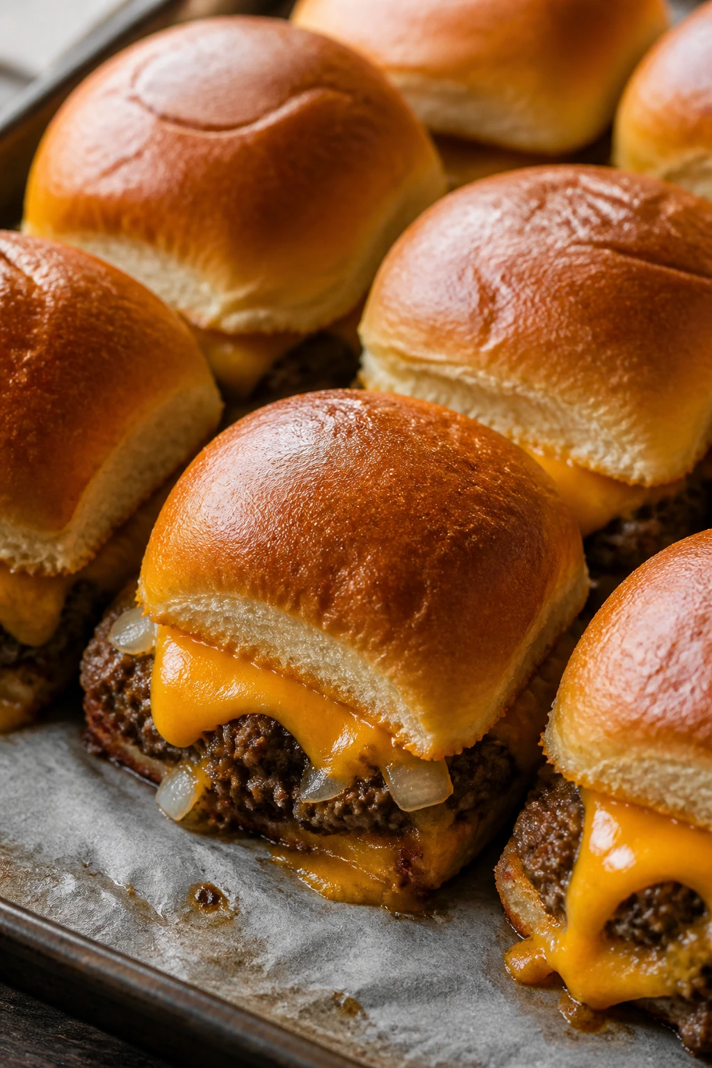 Close-up of cheeseburger sliders on a parchment-lined sheet pan with melted cheddar.