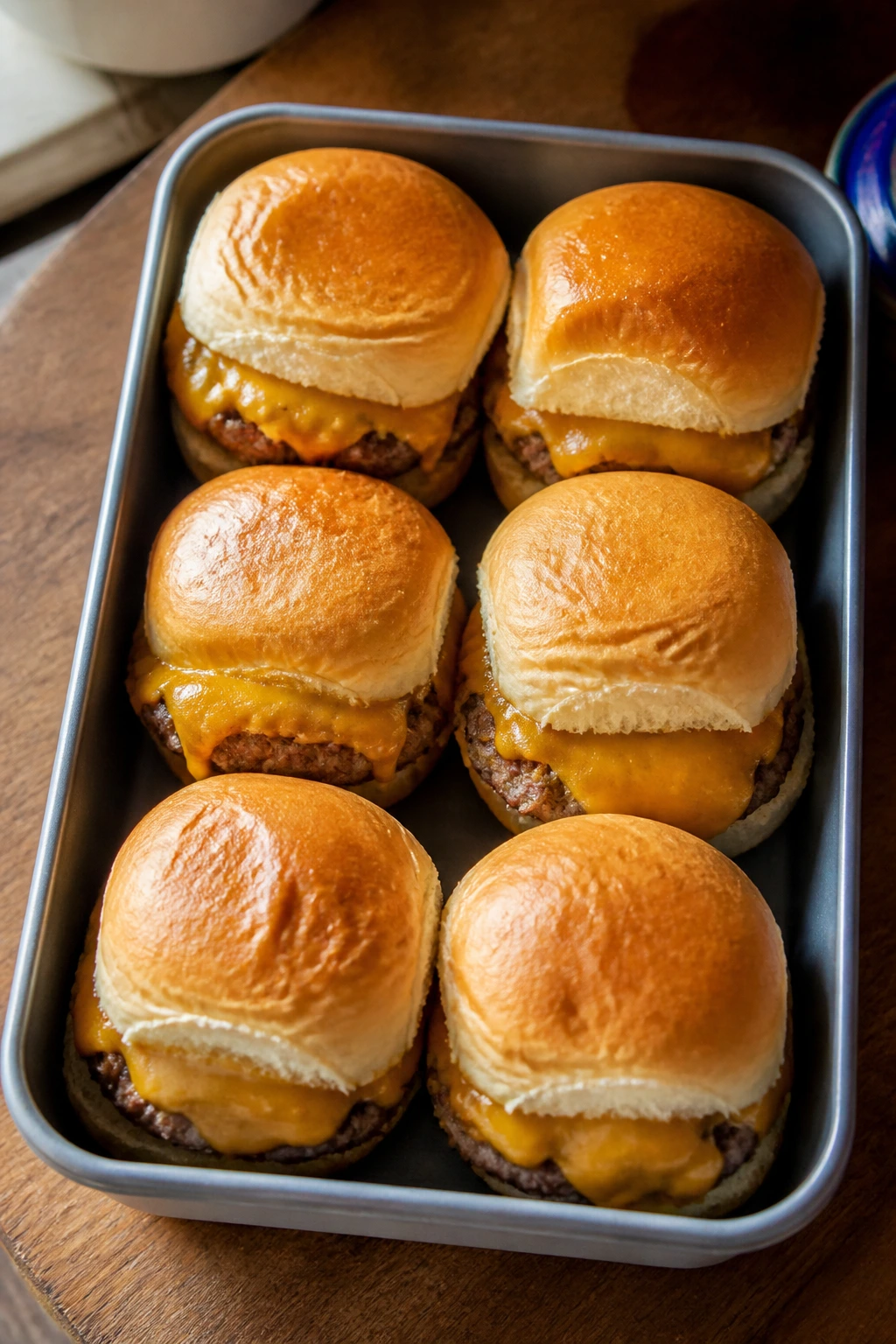 Close-up of six cheeseburger sliders with melted cheddar on a plate