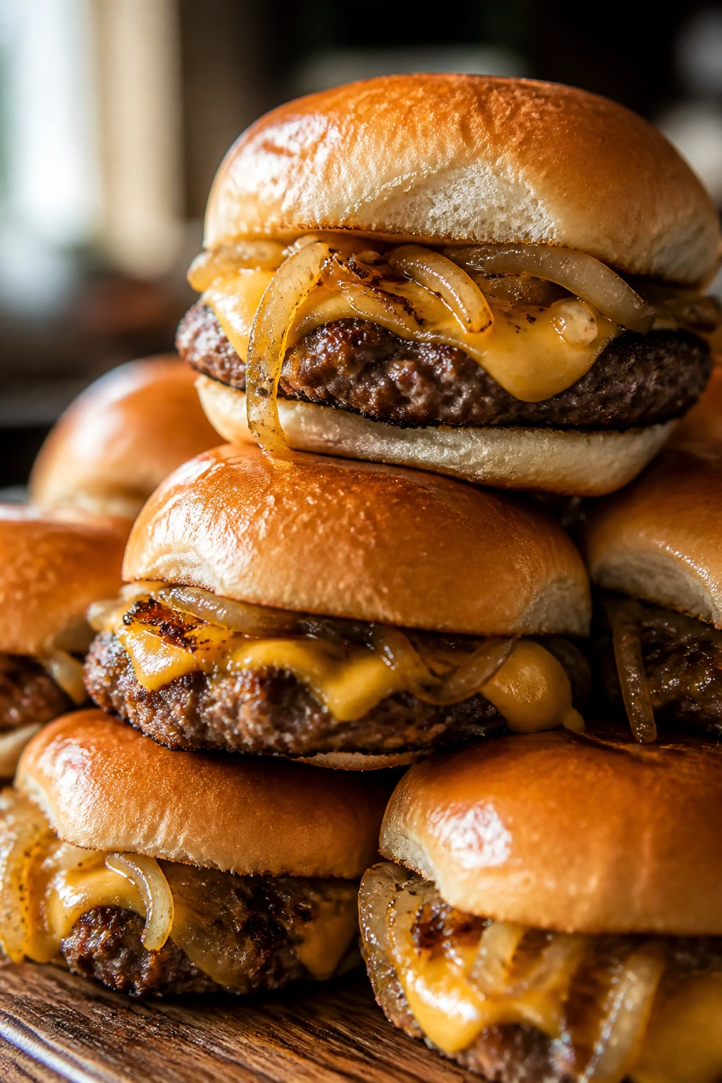 Close-up of Classic Cheeseburger Sliders with Griddled Onions on a rustic wooden board