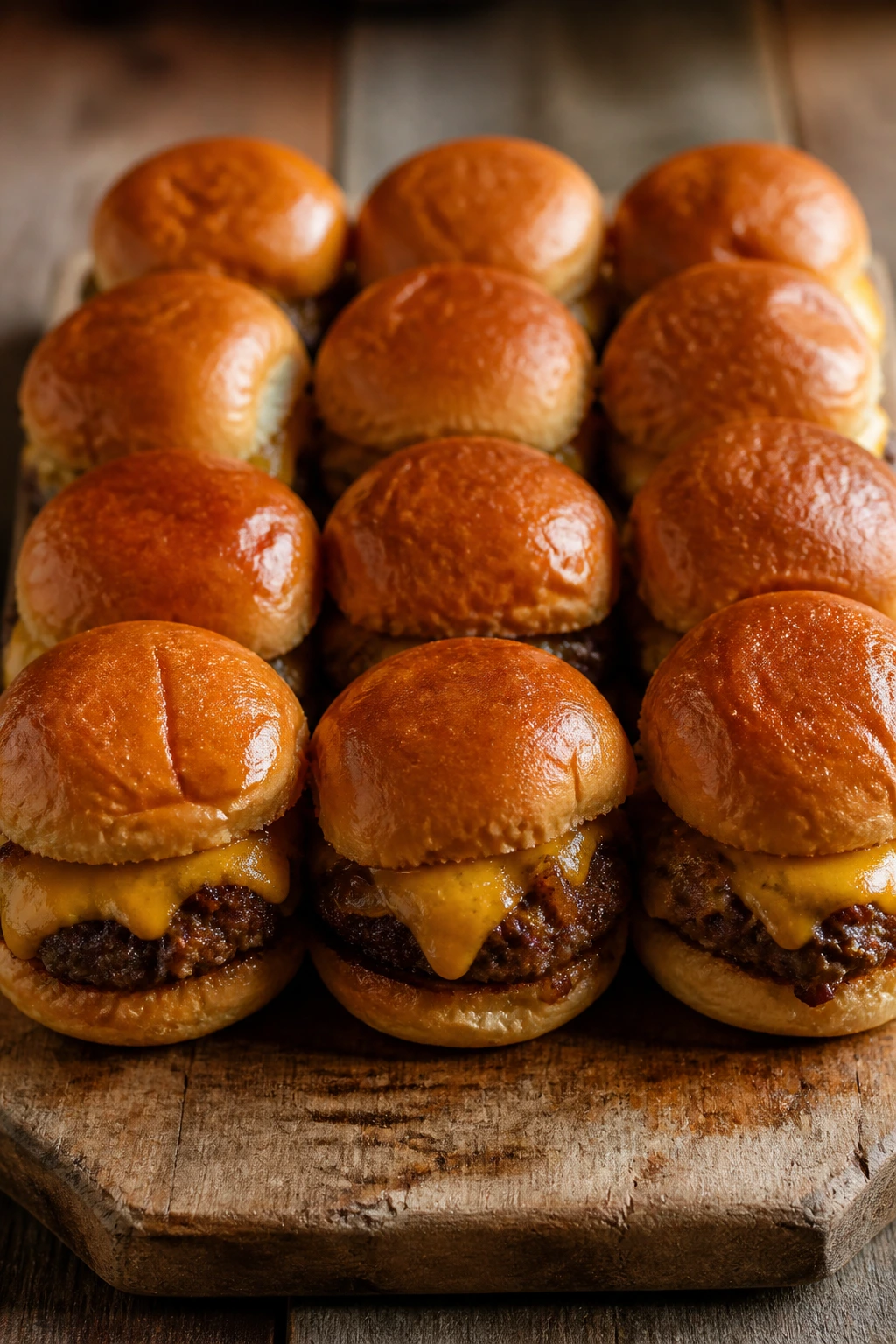 Close-up of cheeseburger sliders on a wooden board with melted cheddar.