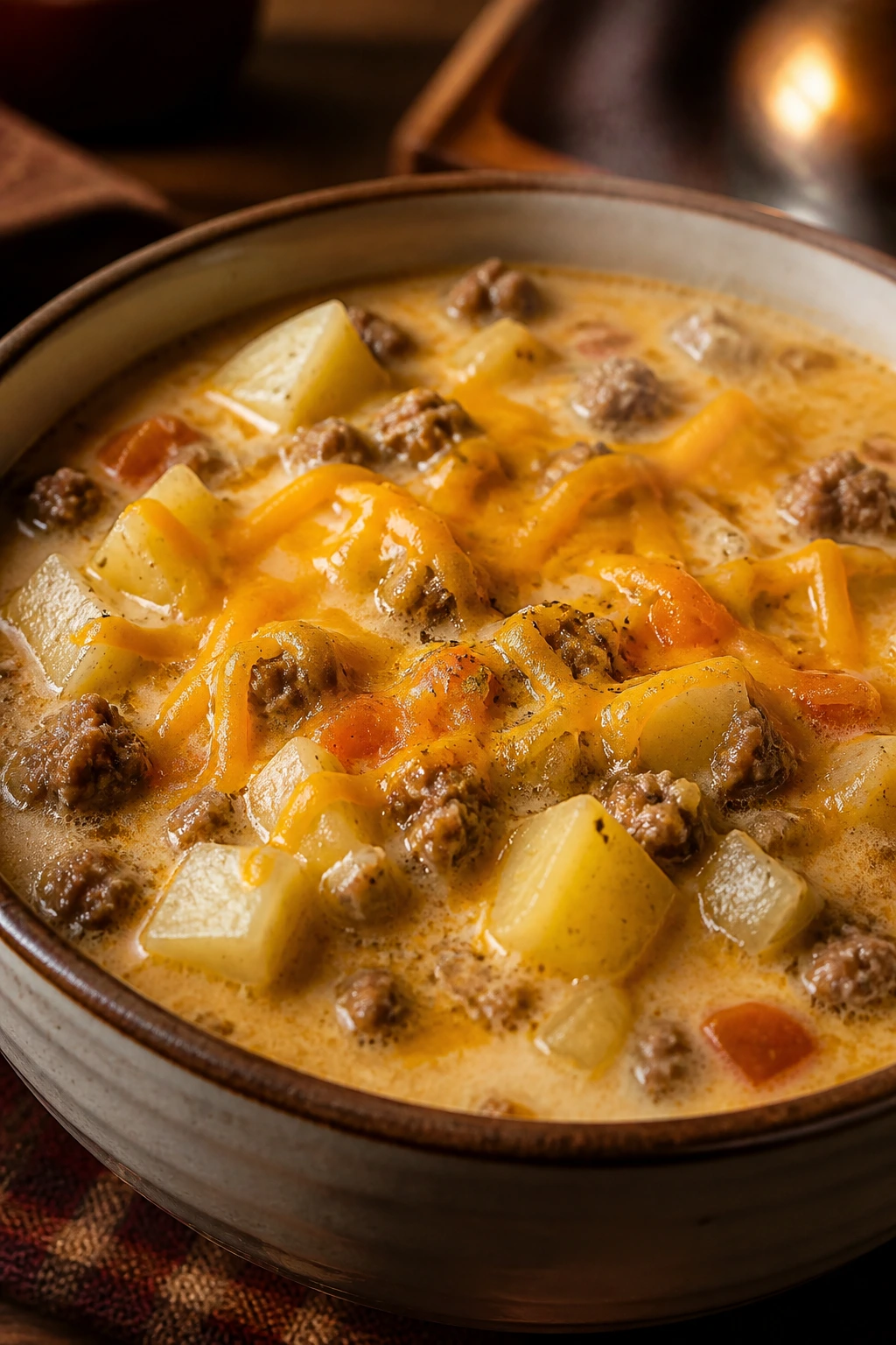 Close-up of cheeseburger soup in a bowl