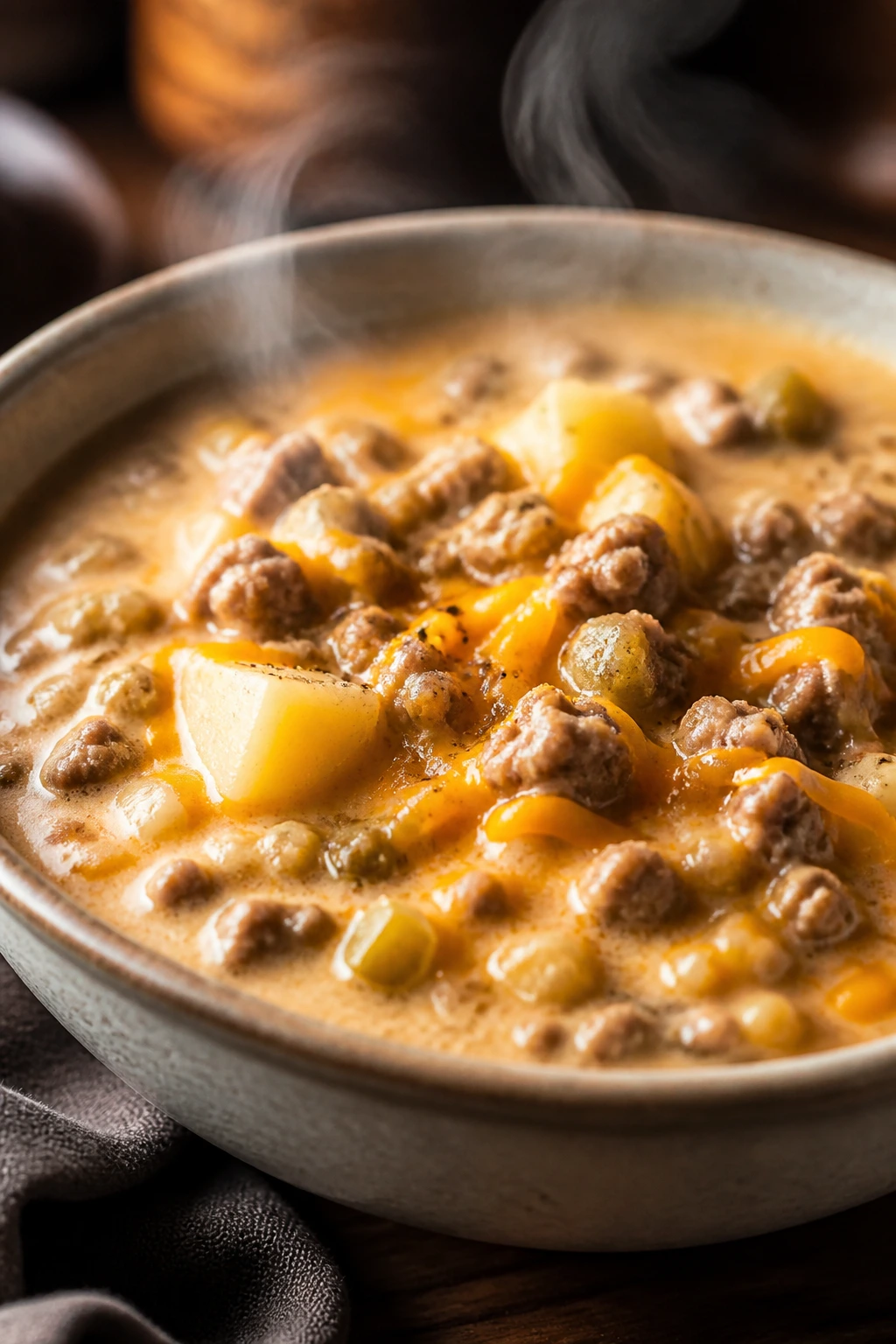 Close-up of cheeseburger soup in a bowl with beef, potatoes and cheddar