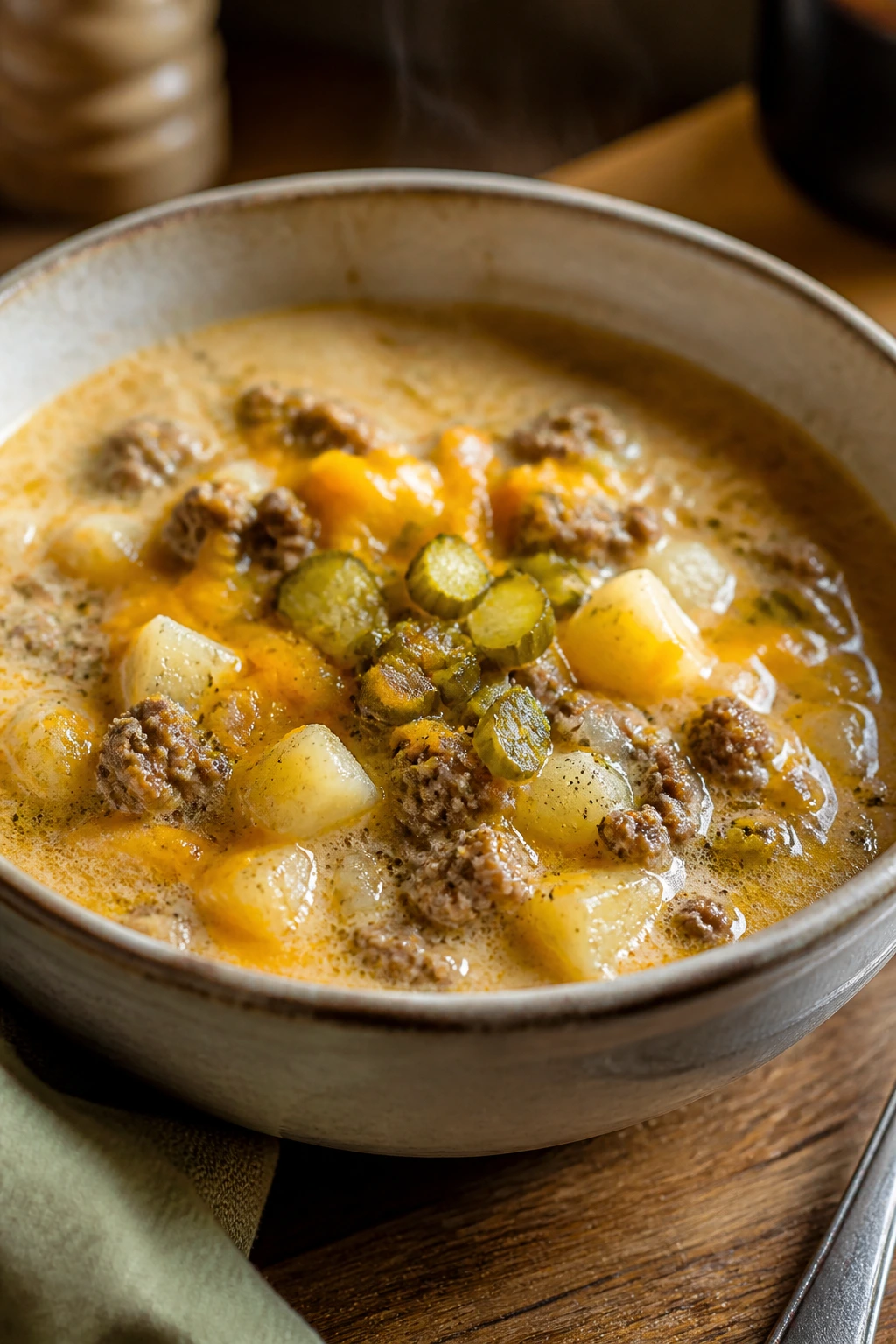 Close-up of cheeseburger soup in a bowl with beef, potatoes, and cheddar