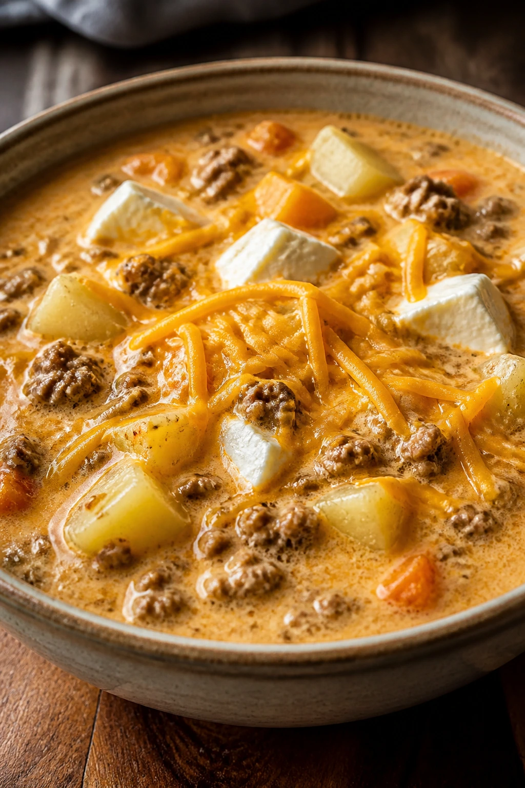 Close-up of cheeseburger soup in a bowl