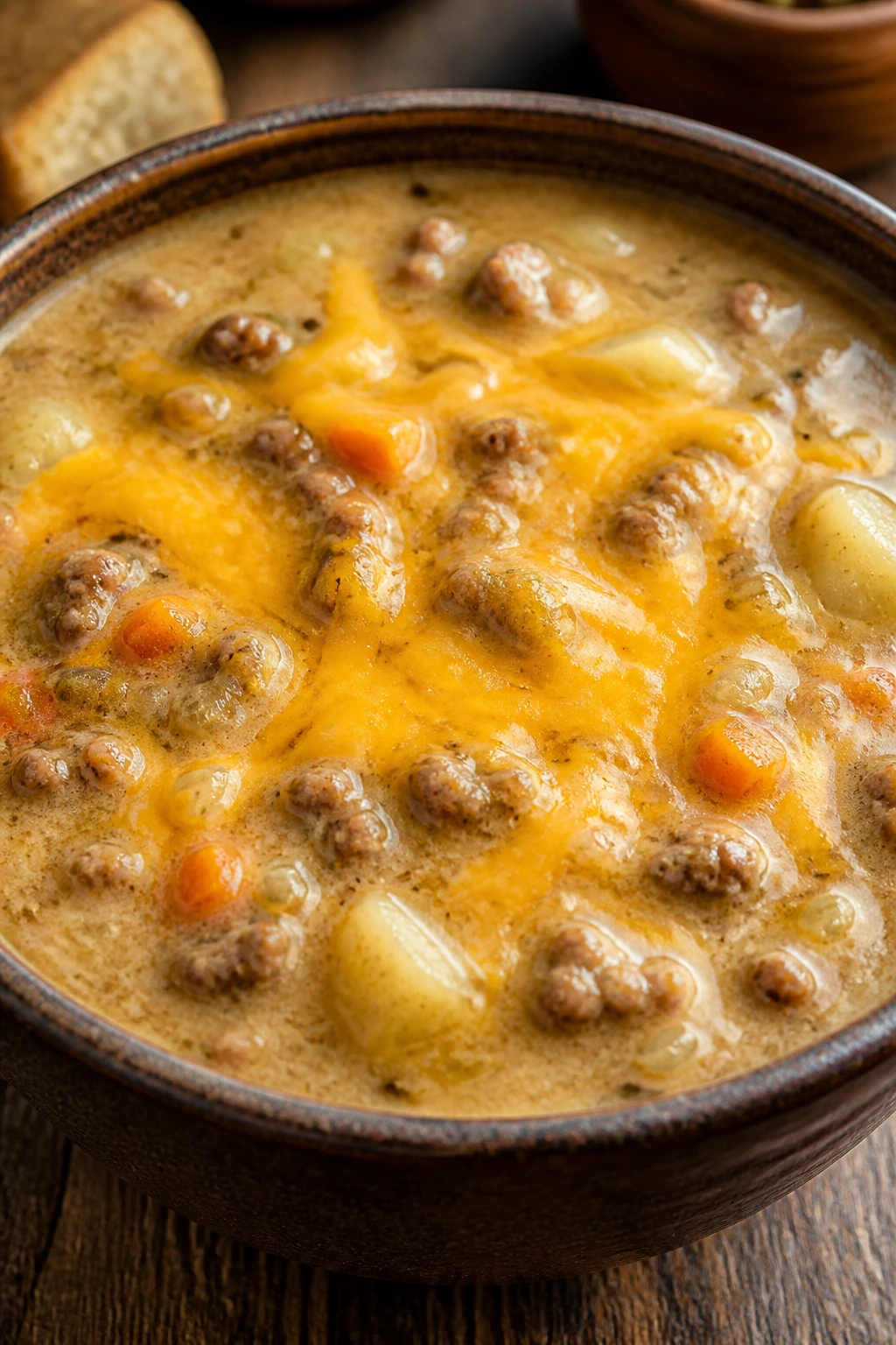 Close-up of a steaming bowl of Cheeseburger Soup with cheddar melt on top on a wooden table
