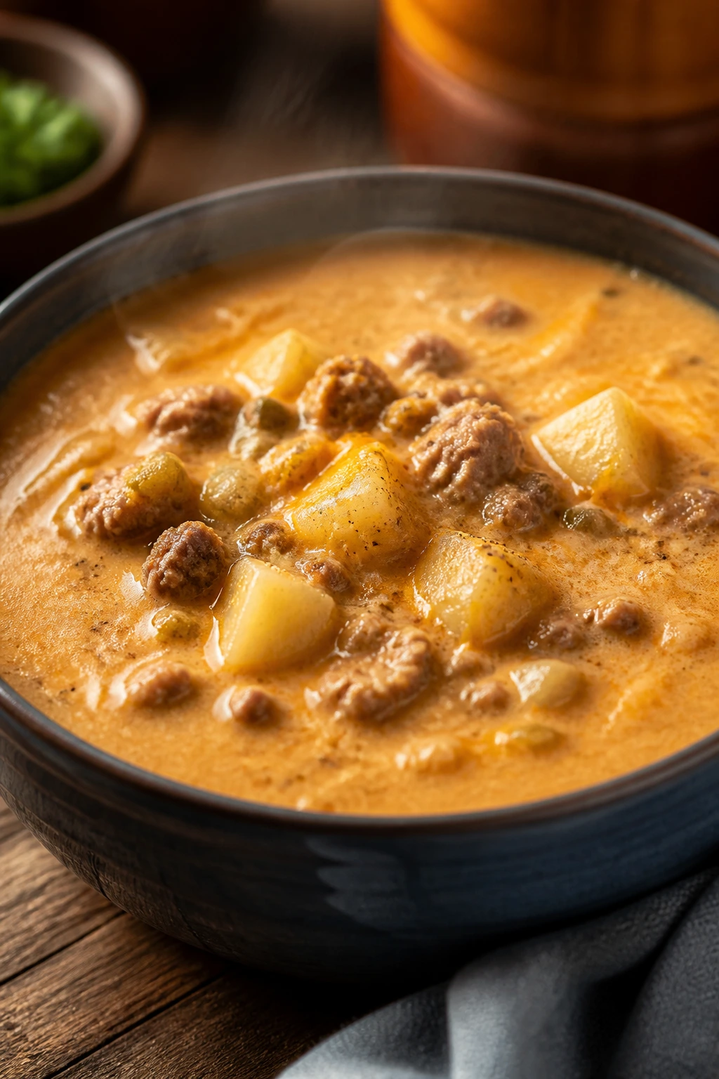 Creamy cheeseburger soup with potatoes and beef in a bowl