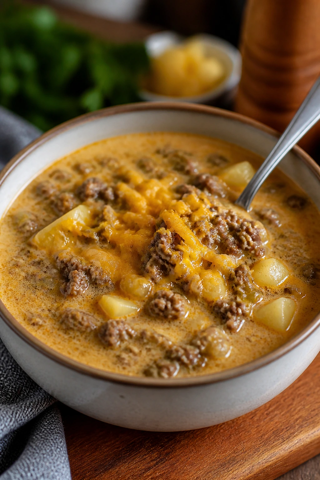 Bowl of cheeseburger soup with potatoes and cheddar in a kitchen setting.