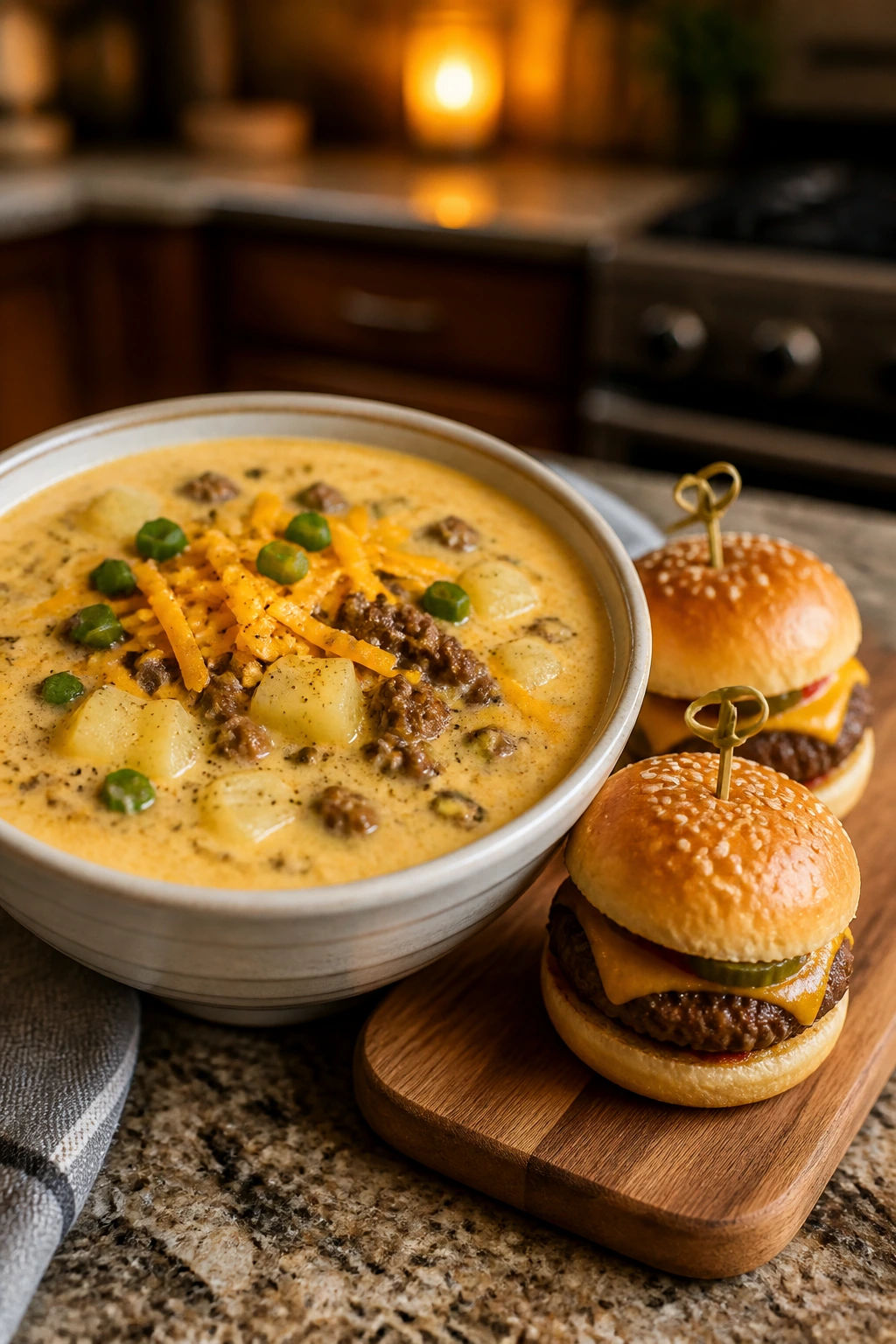 Medium close-up of cheeseburger soup with mini sliders on a wooden board