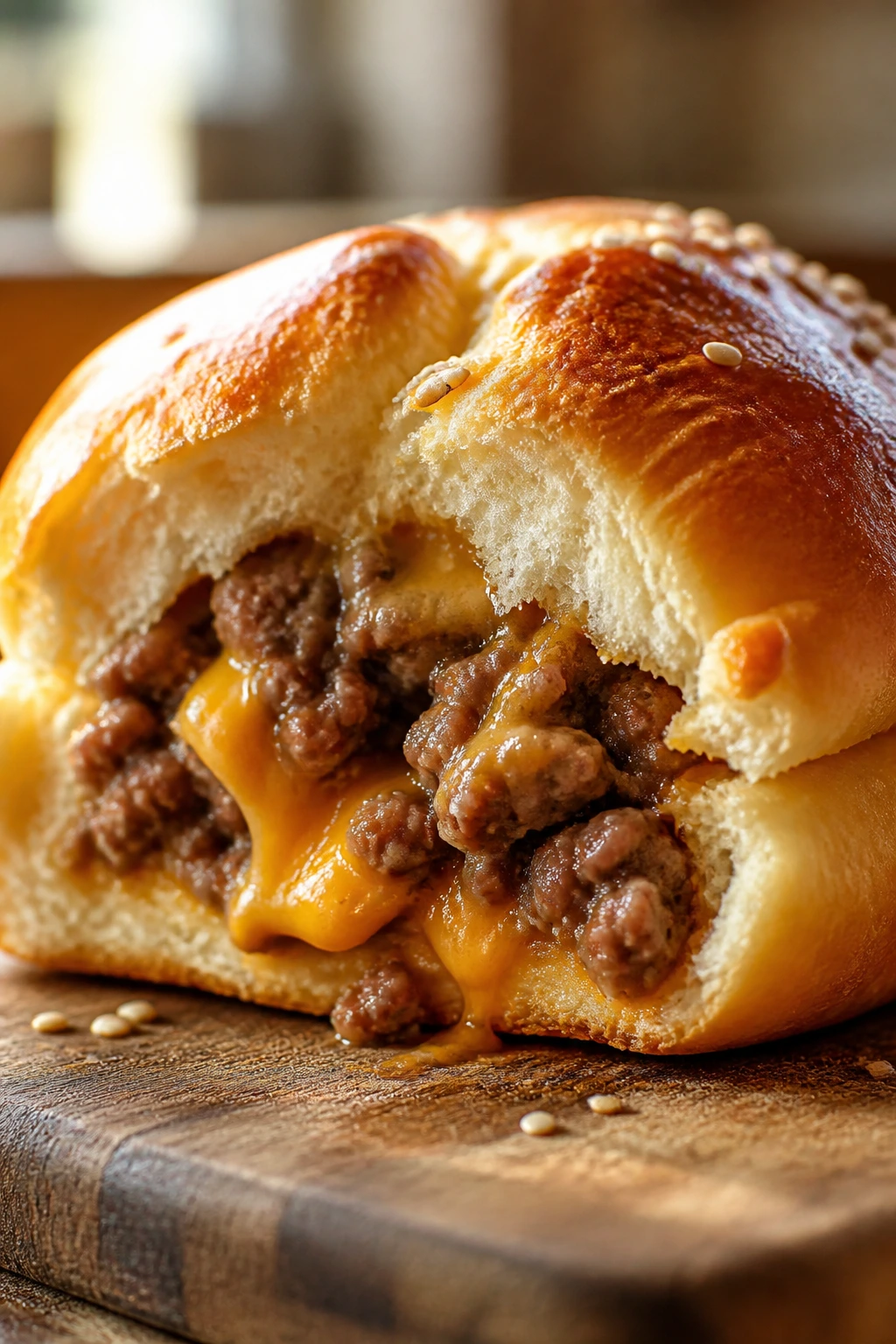 Close-up of a cheeseburger stuffed dinner roll with beef and cheddar filling on a wooden board