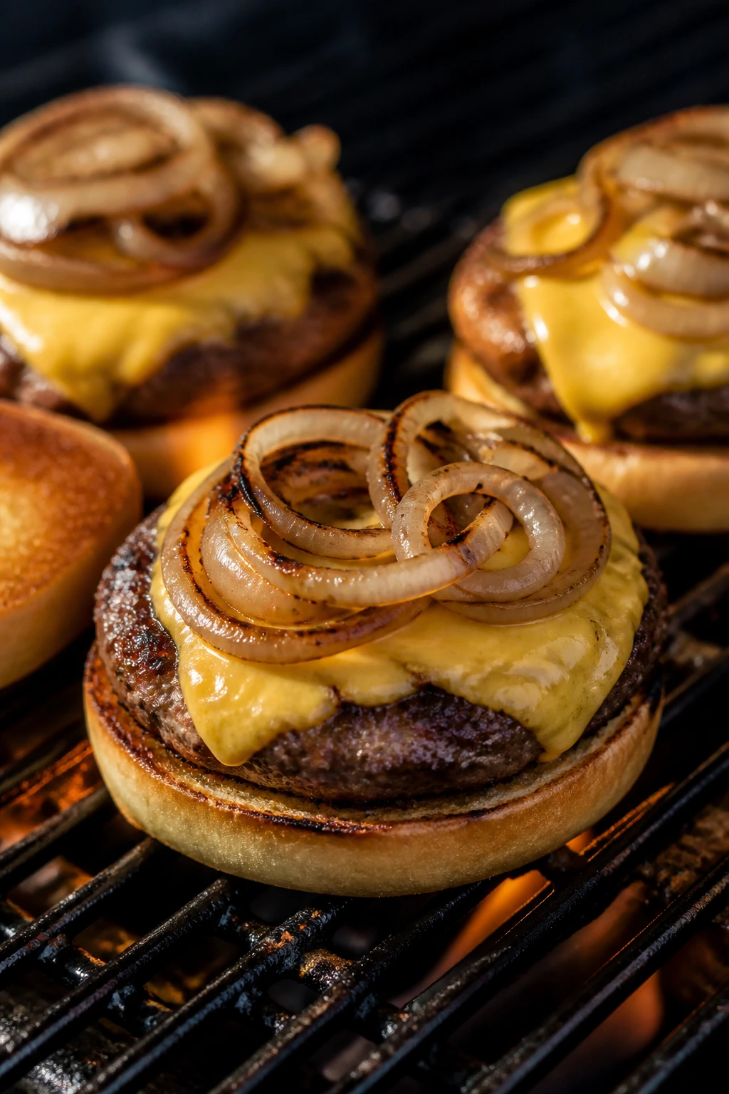 Juicy cheeseburgers with melted cheese and onions on the grill