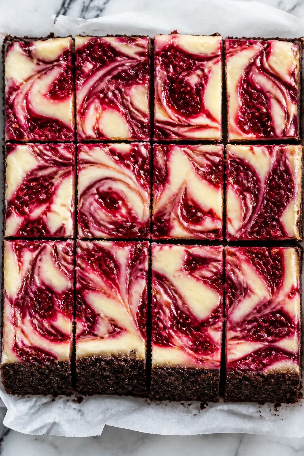 Close-up of chocolate raspberry cheesecake bars with raspberry swirls