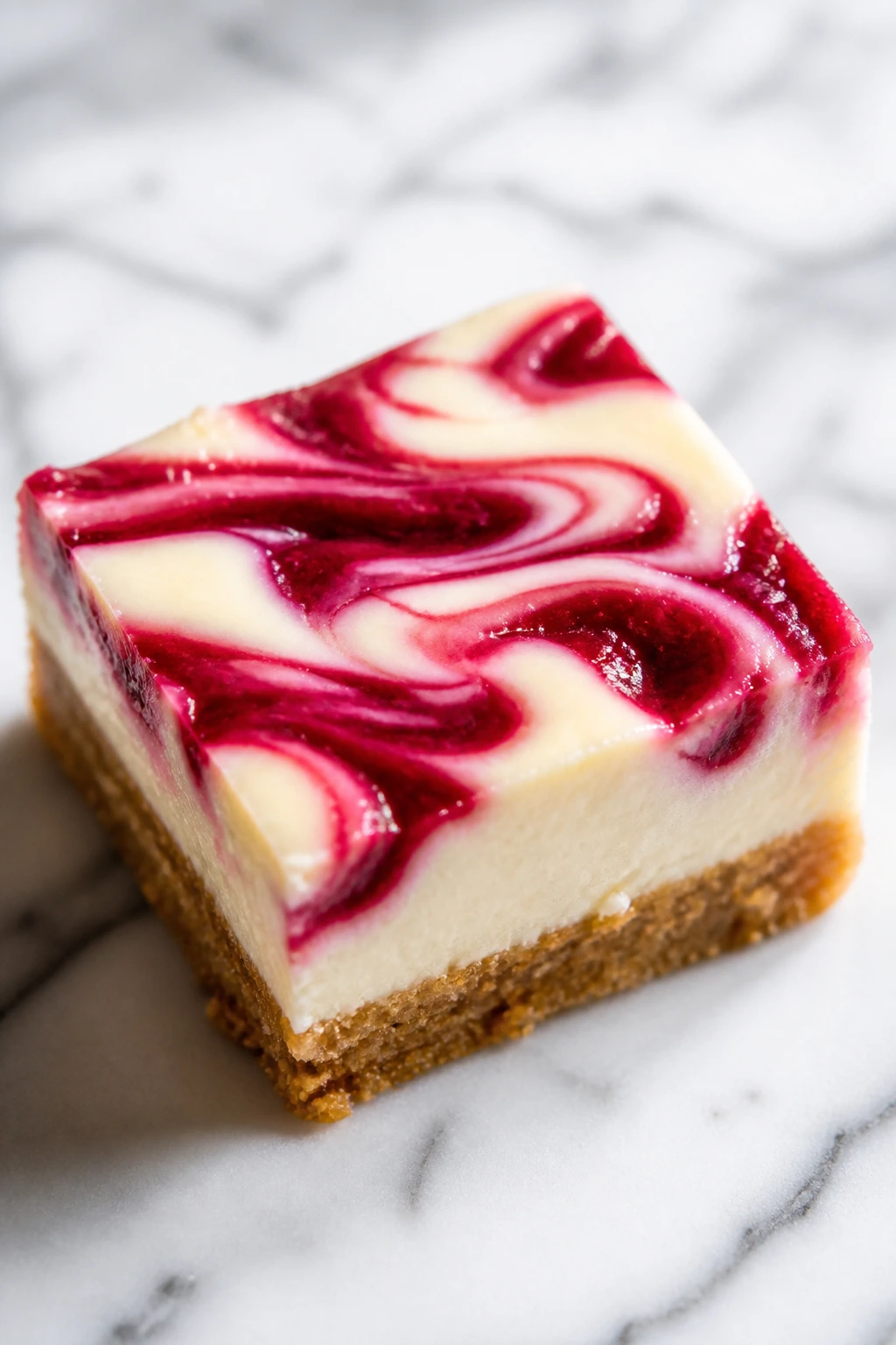 Cheesecake bar with raspberry swirl on marble surface.