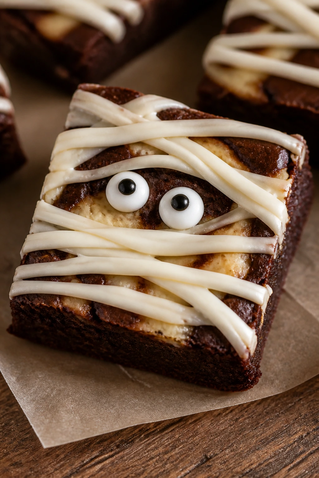 Close-up of cheesecake swirl mummy brownie with marbling and candy eyes