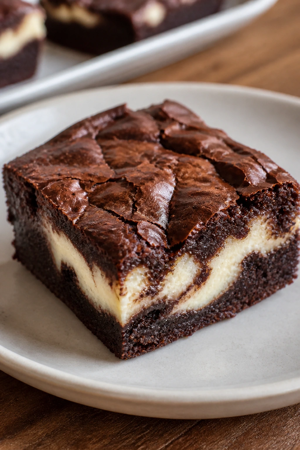 Close-up of cheesecake-stuffed brownie showing cheesecake swirl
