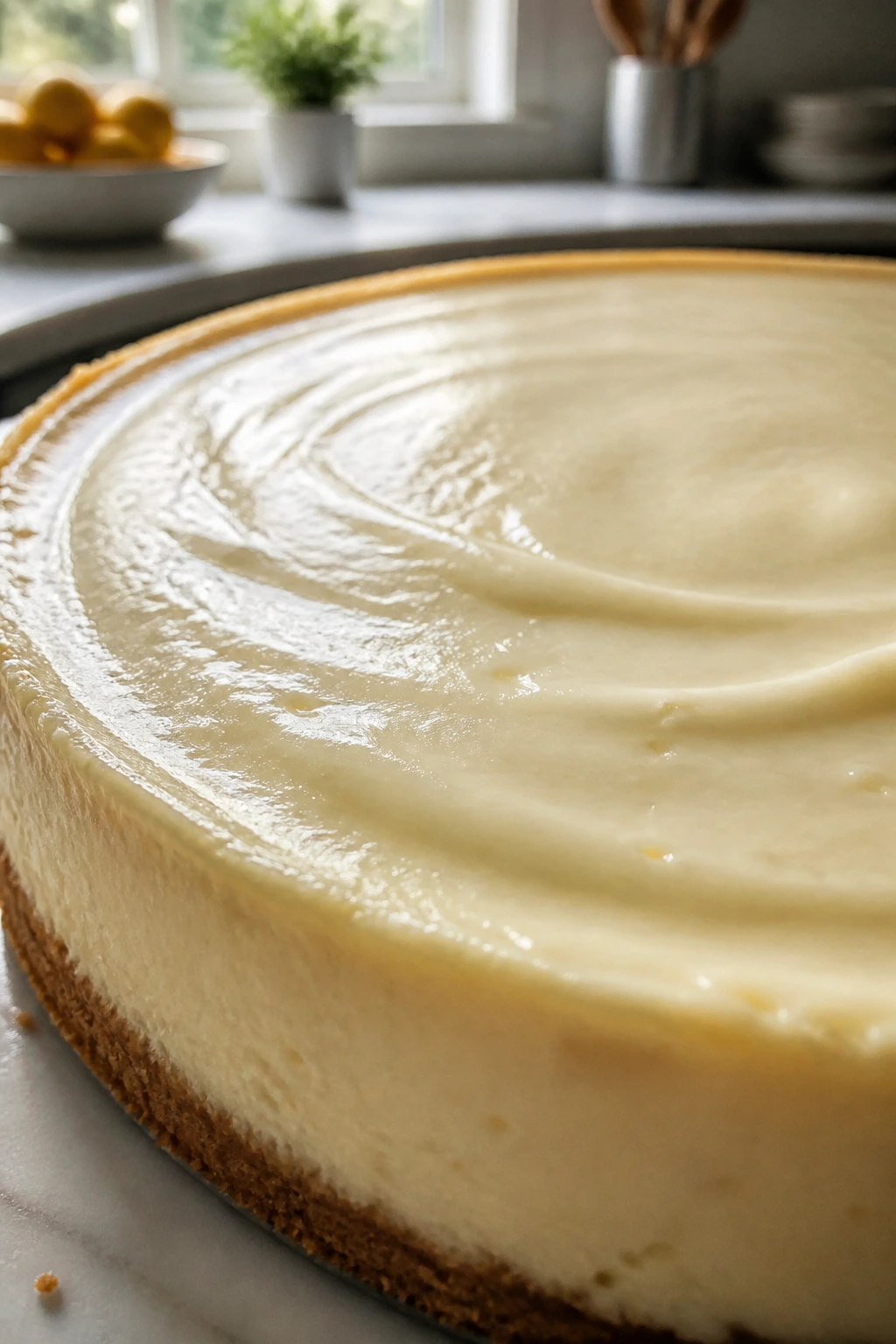 Close-up of glossy creamy cheesecake on marble countertop in a kitchen