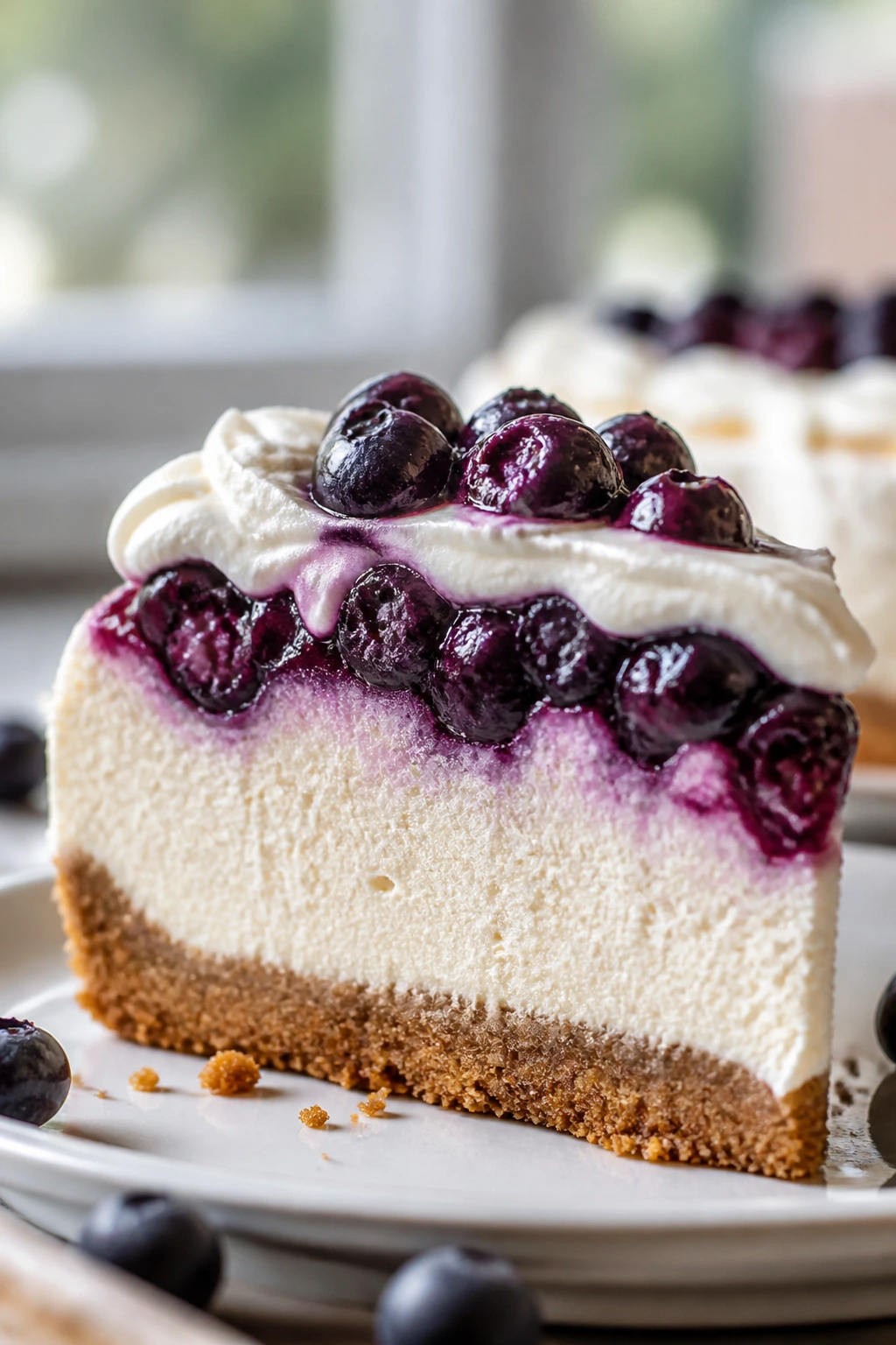 Cross-section of layered cheesecake showing crust, filling, and topping