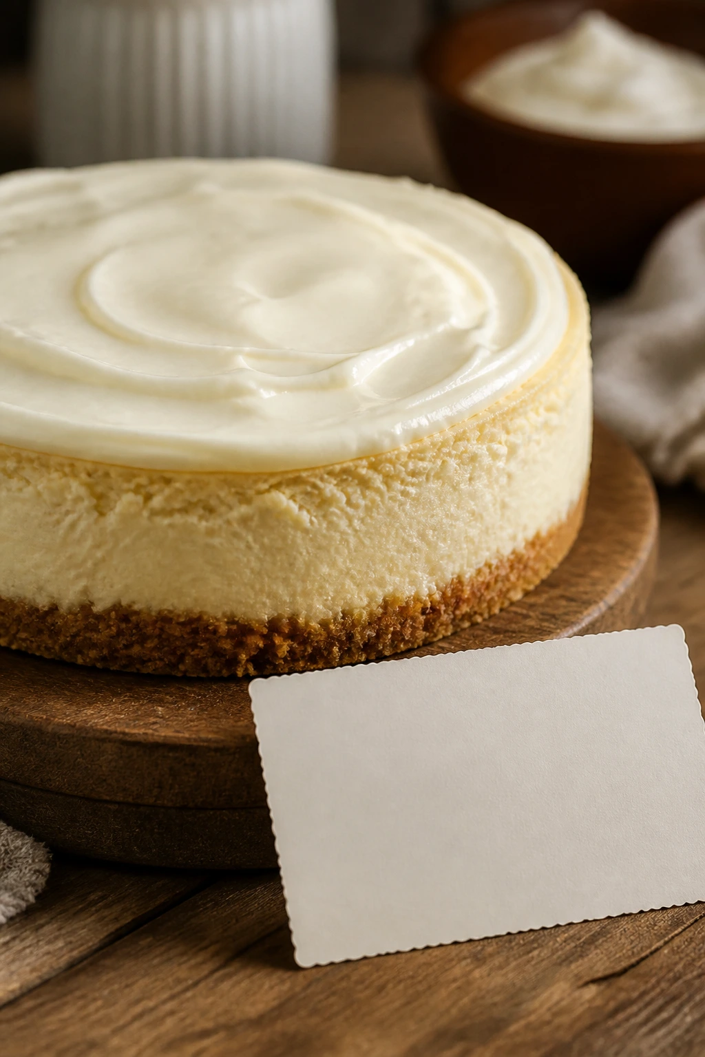 Cheesecake with cream cheese frosting and blank recipe card