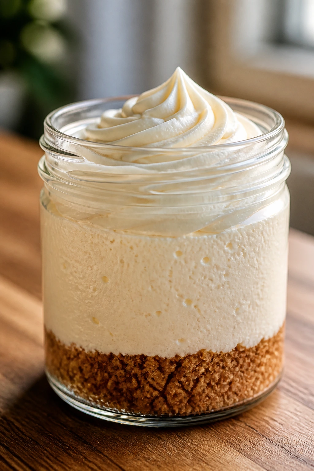 Close-up of a cheesecake jar with visible crust, filling, and frosting in a sunny kitchen