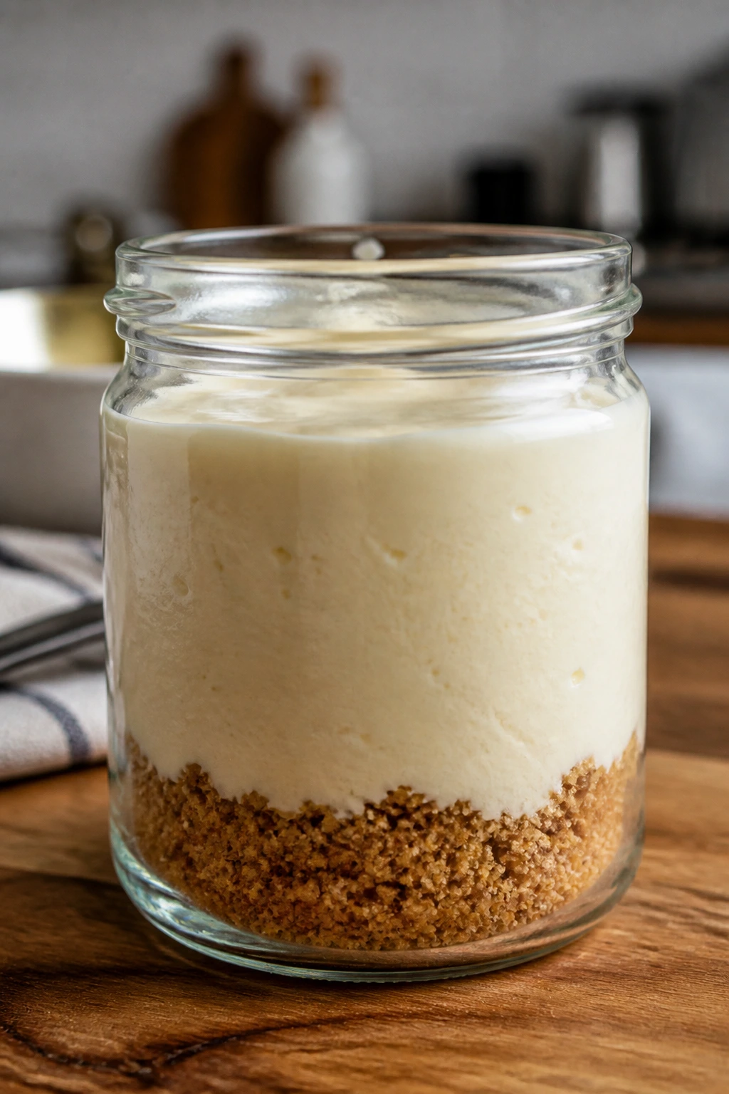 Cheesecake jar with crust and filling ready to chill