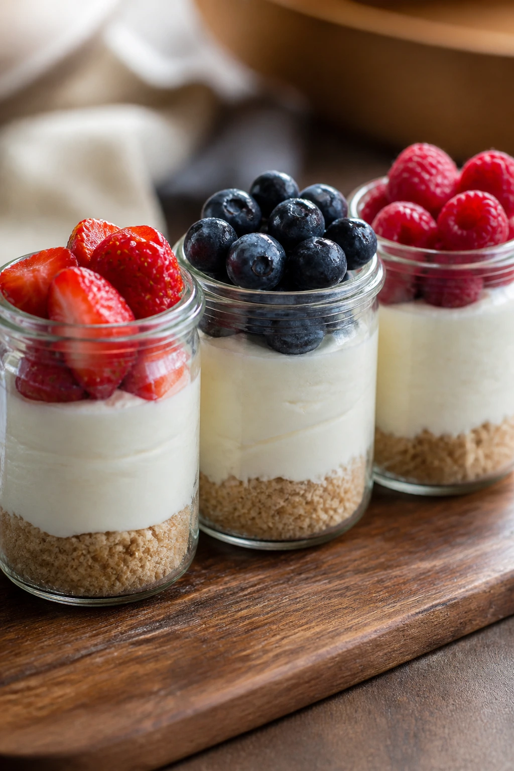Three mini cheesecake jars with distinct layering on a wooden board.