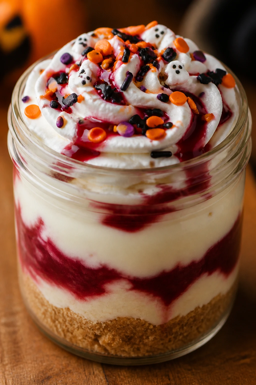 Close-up of mini cheesecake jar trifle with whipped topping and Halloween sprinkles.