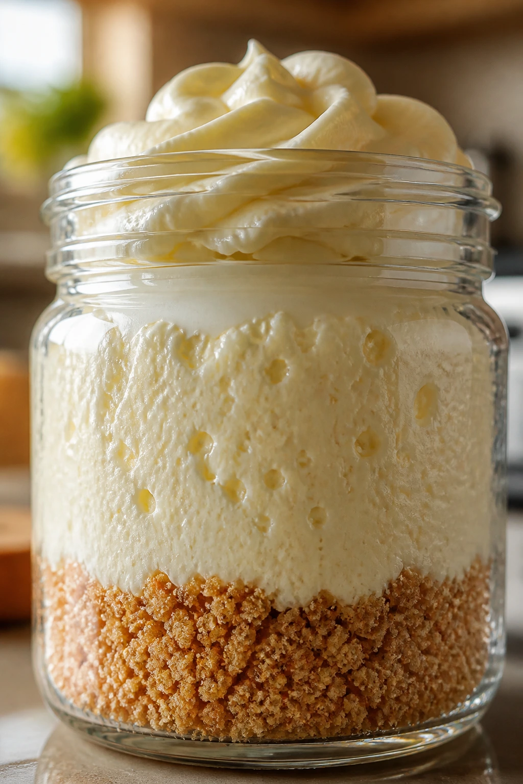 Cross-section of cheesecake layers in a jar showing crust, filling, and frosting