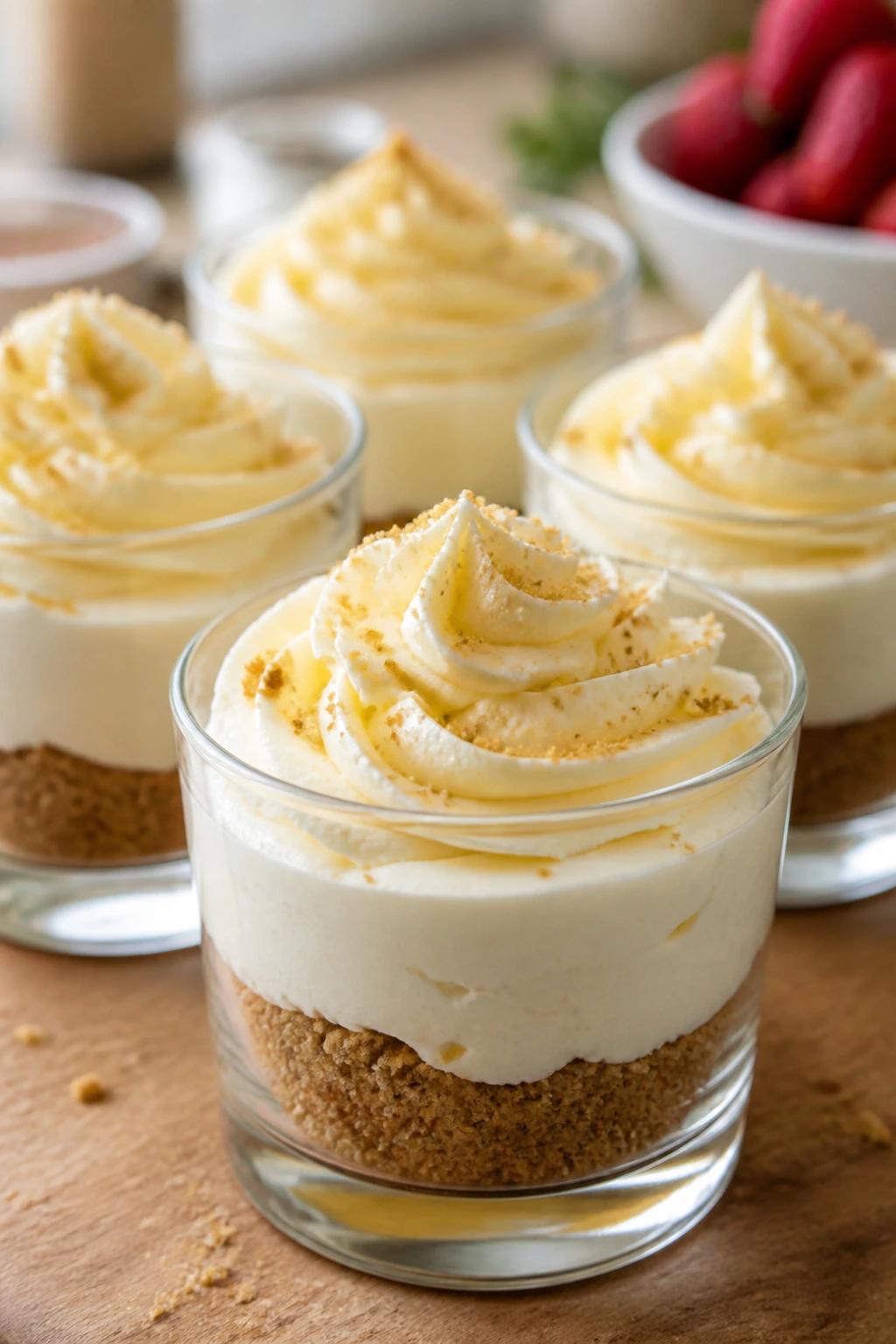 Close-up of cheesecake parfaits with cream cheese frosting in clear glasses on a kitchen counter
