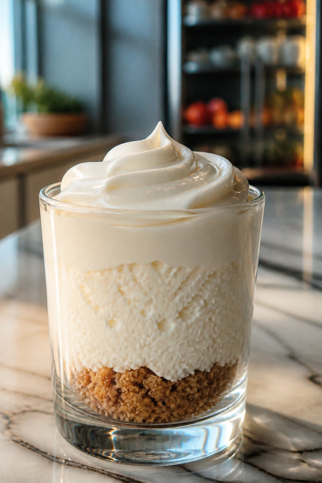 Close-up of a layered cheesecake parfait in a clear glass on a marble counter, showing distinct crumb base, cheesecake filling, and frosting.