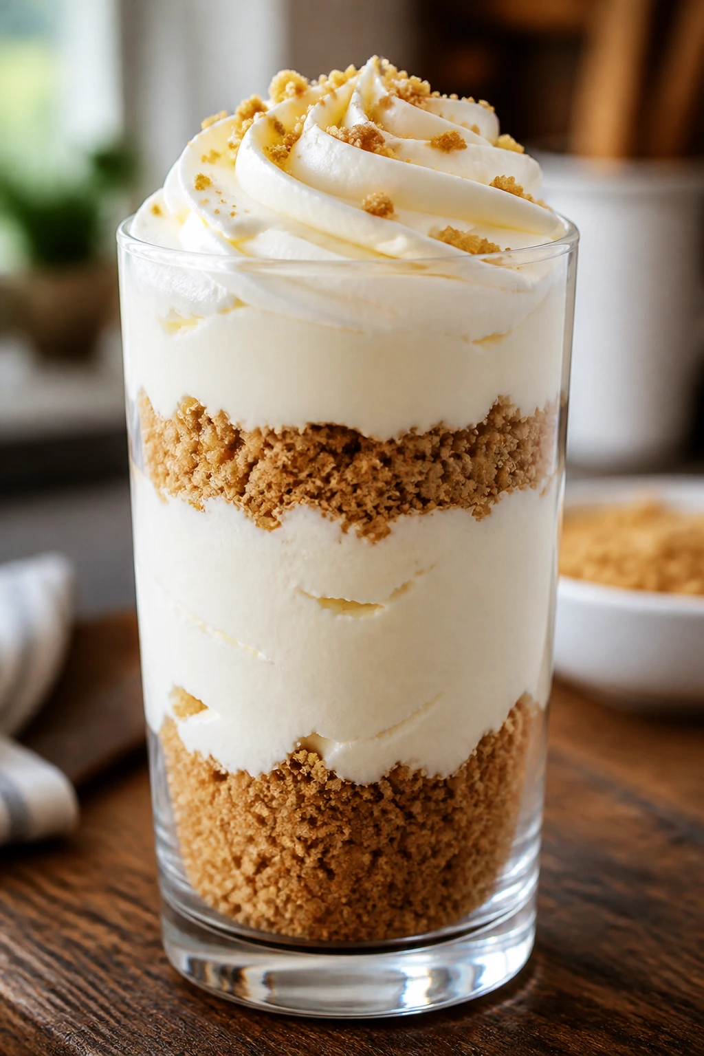 Close-up of cheesecake parfait in a glass with graham crust, creamy filling, and frosting on a wooden counter