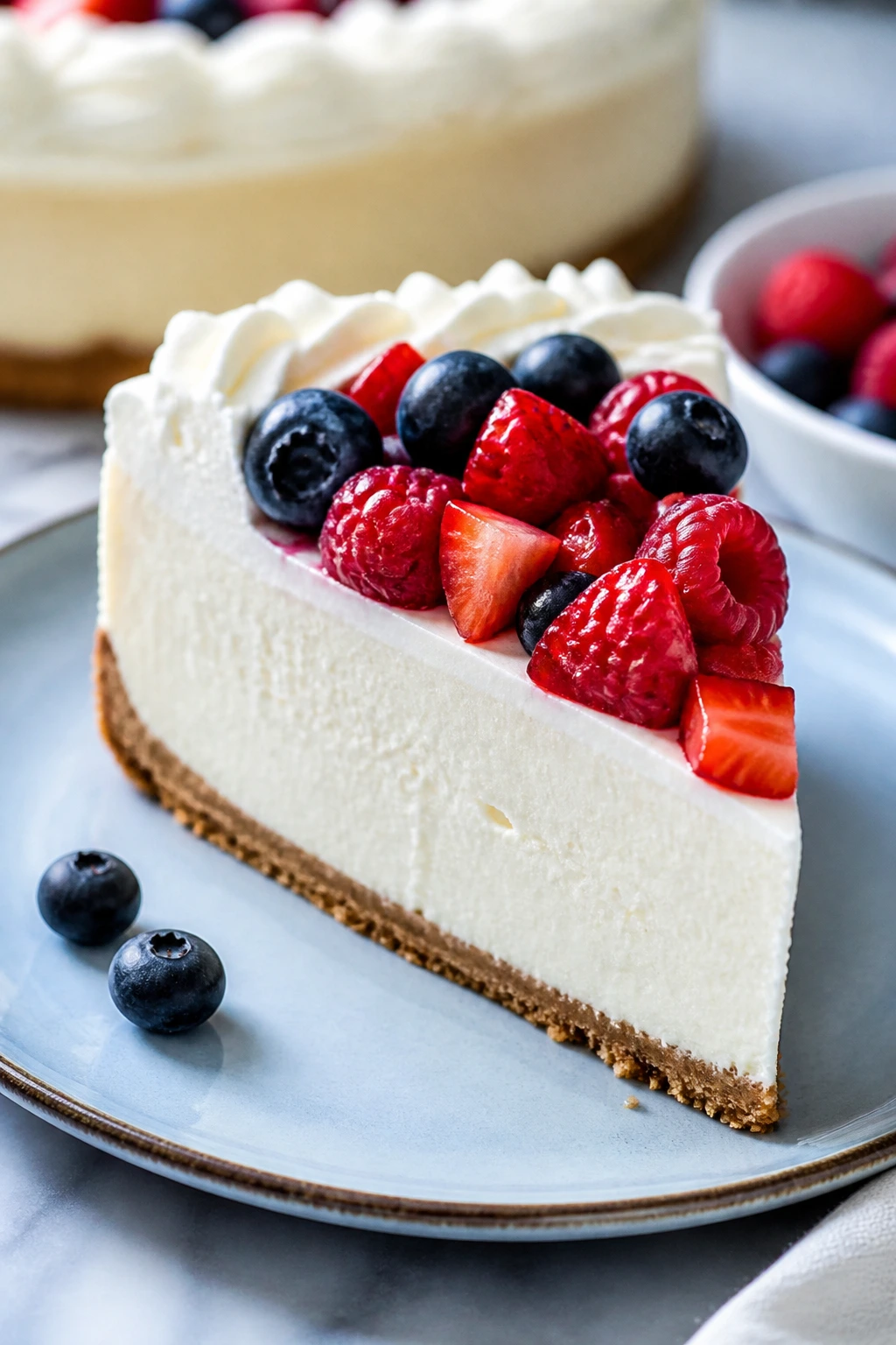 Pristine cheesecake slice on a chilled plate