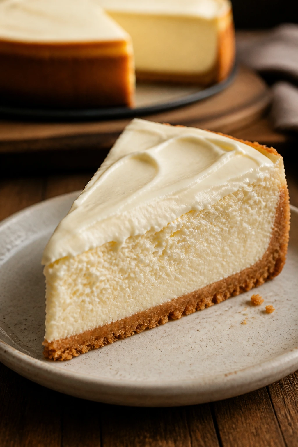 Single cheesecake slice on plate with dense creamy filling