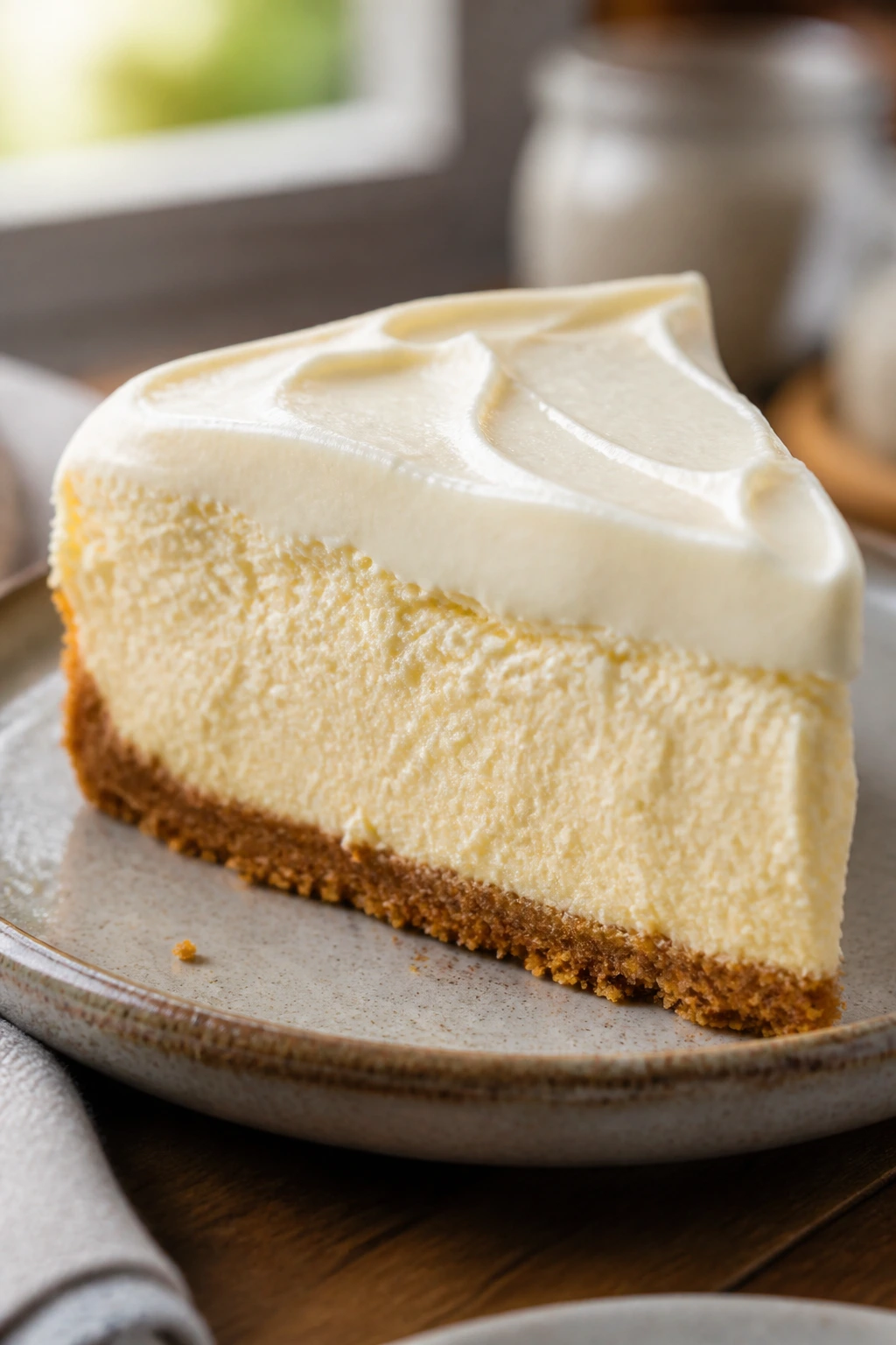 Close-up of a moist creamy cheesecake slice with frosting on a rustic plate