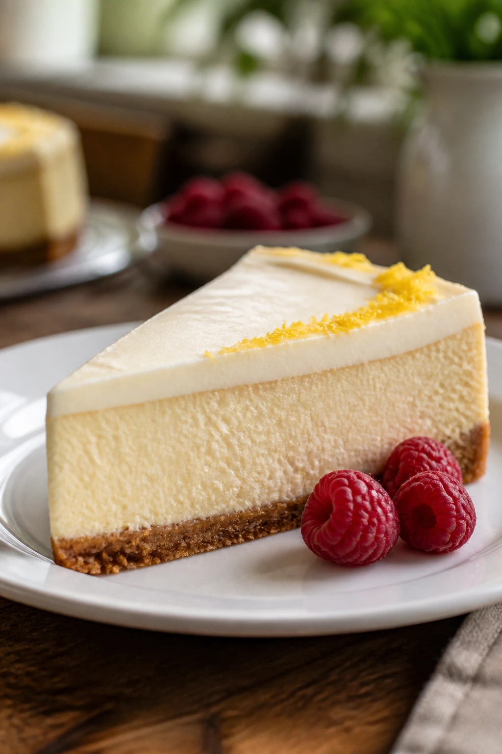 Single cheesecake slice on plate with lemon zest in a warm setting