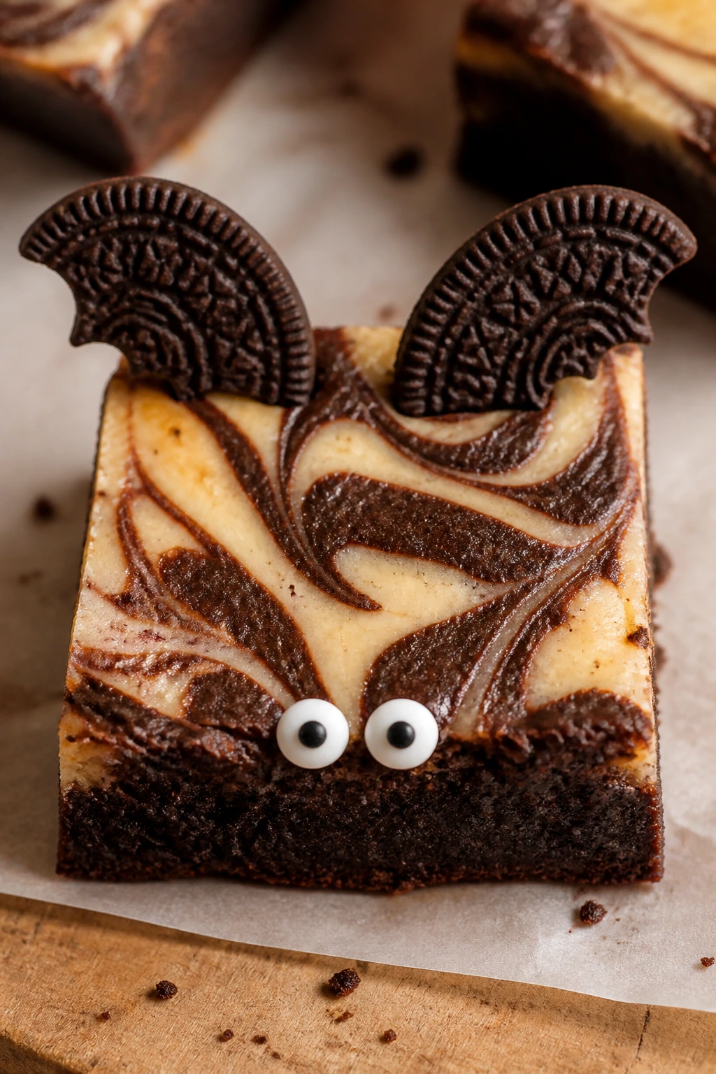 Close-up of a Cheesecake Swirl Bat Brownie with cream cheese swirl and Oreo wings