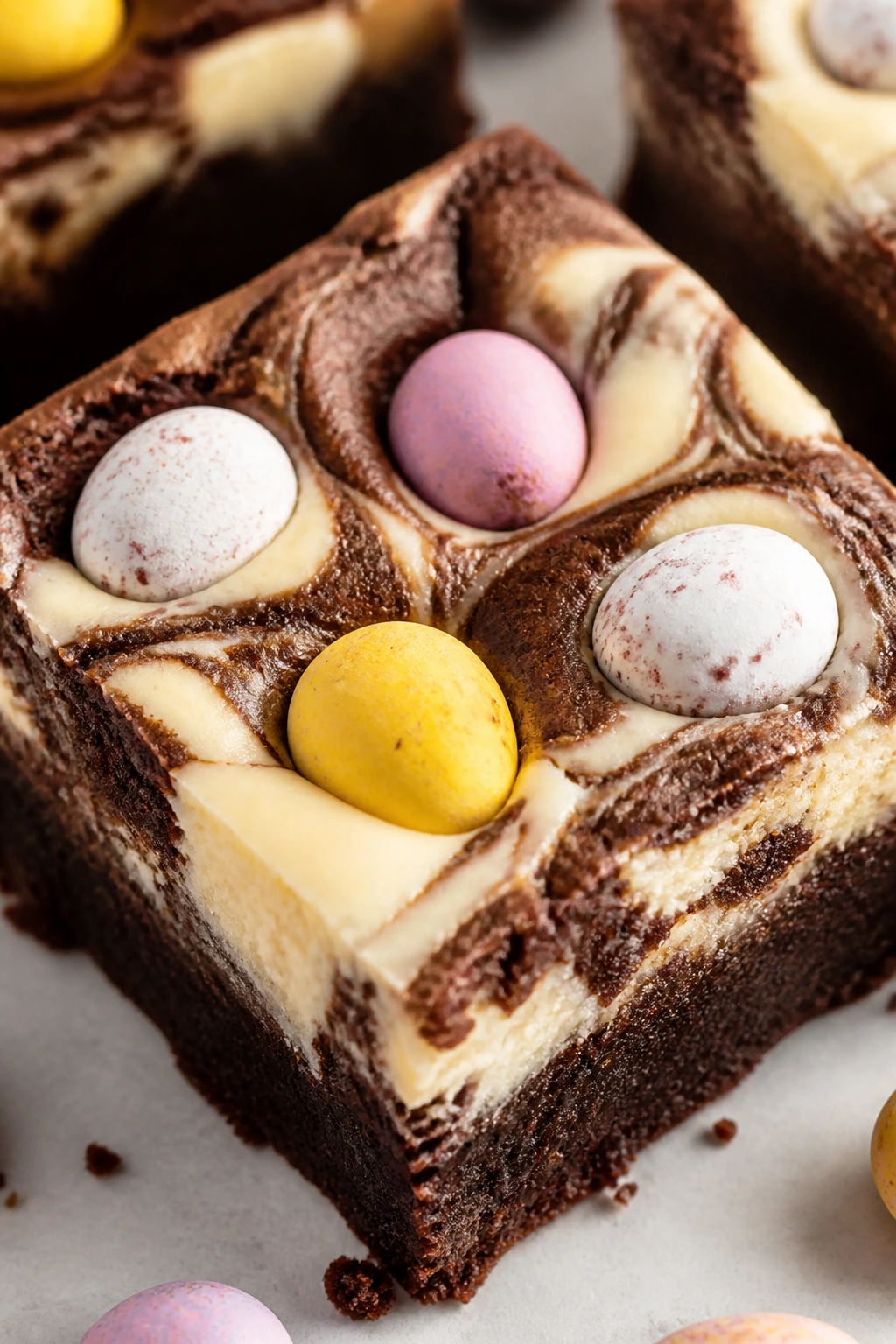 Close-up of a brownie square with cheesecake swirl and mini eggs on top