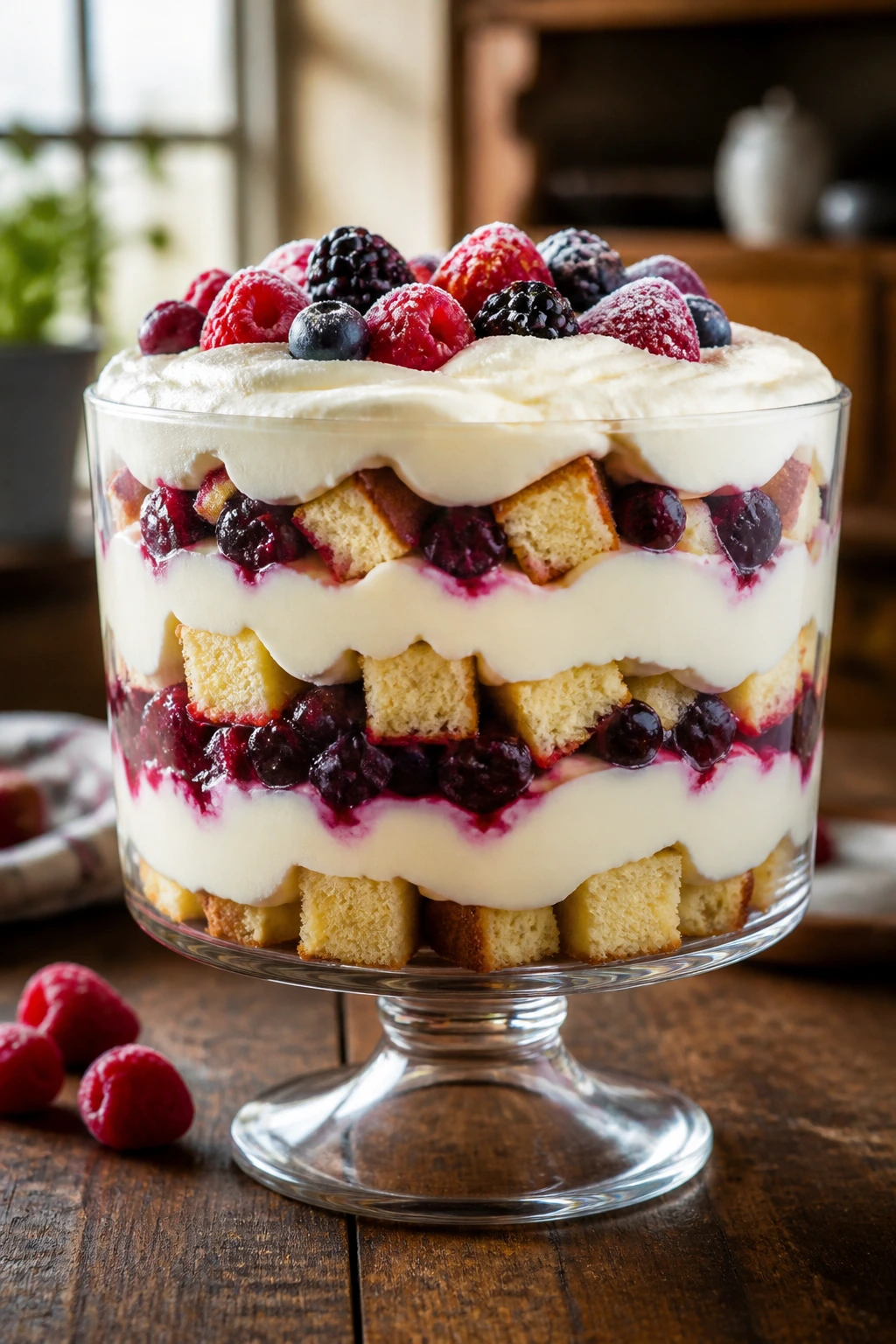 Close-up of a layered cheesecake trifle in a glass dish with distinct cake, berry, and frosting layers.
