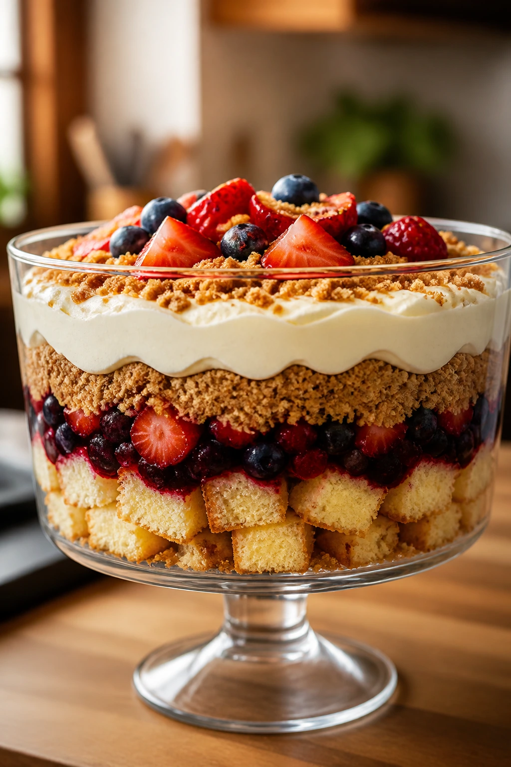 Glass trifle bowl with distinct cake, berry, and graham layers
