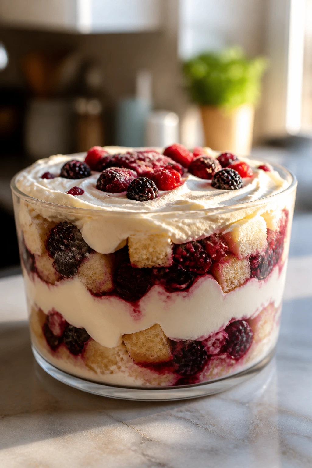 Layered cheesecake trifle in a clear serving bowl on a sunny counter