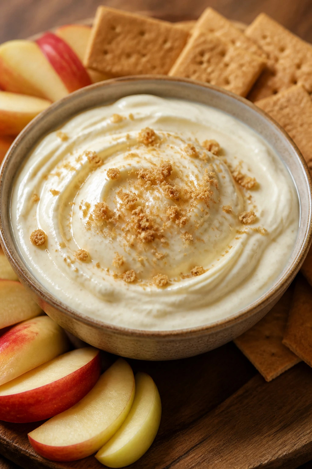 Close-up of cheesecake yogurt dip with dippers