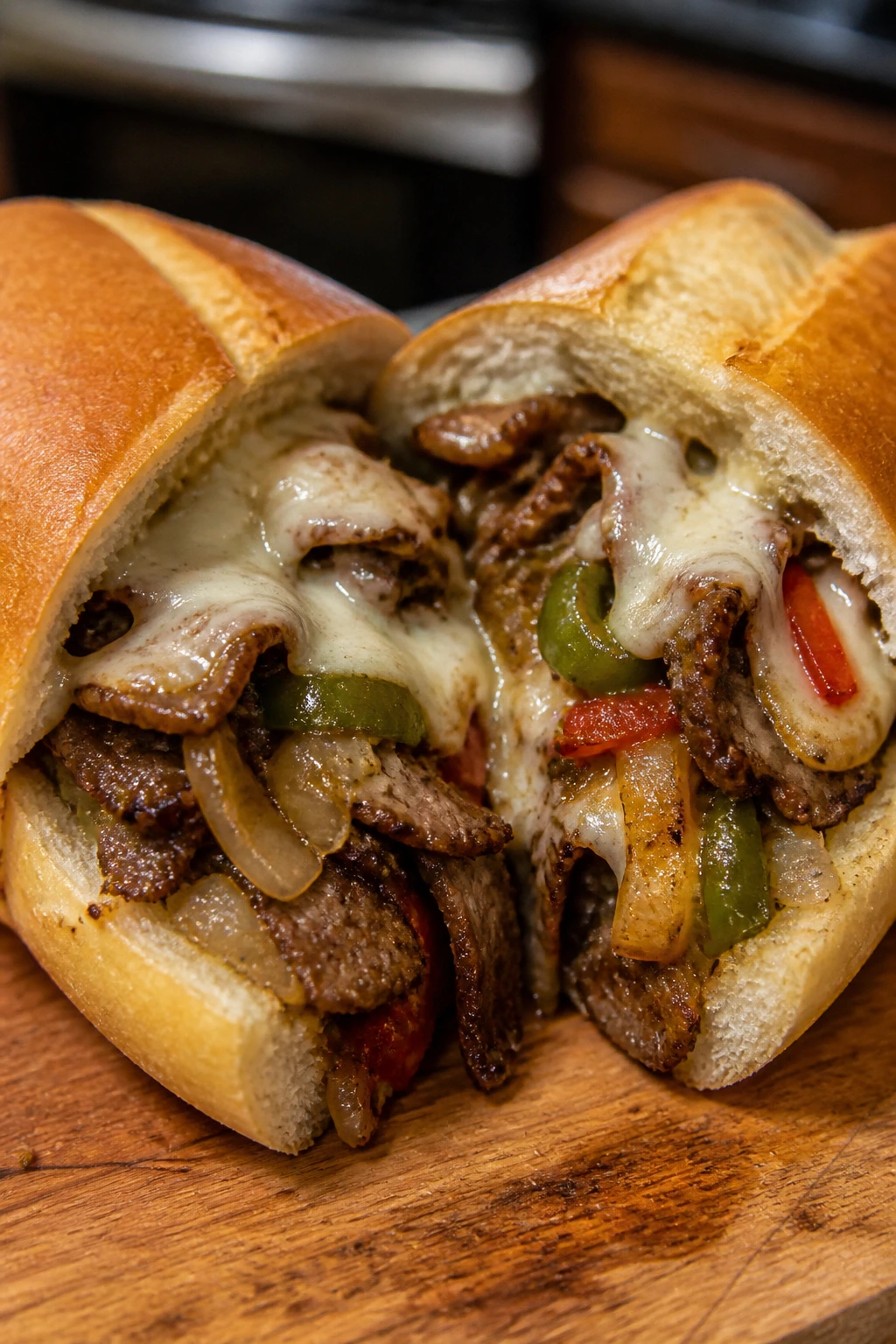 Cheesesteak hoagie cut in half showing beef and cheese